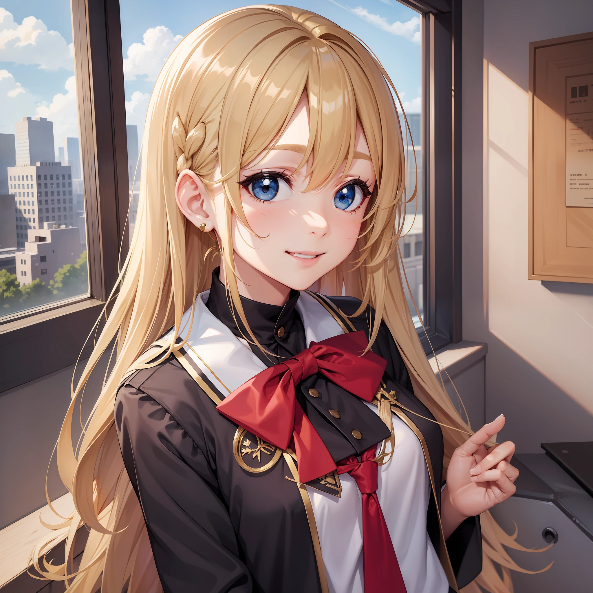 girl few smiling school uniform top quality beautiful girl harem masterpiece long hair blonde brown hair pin