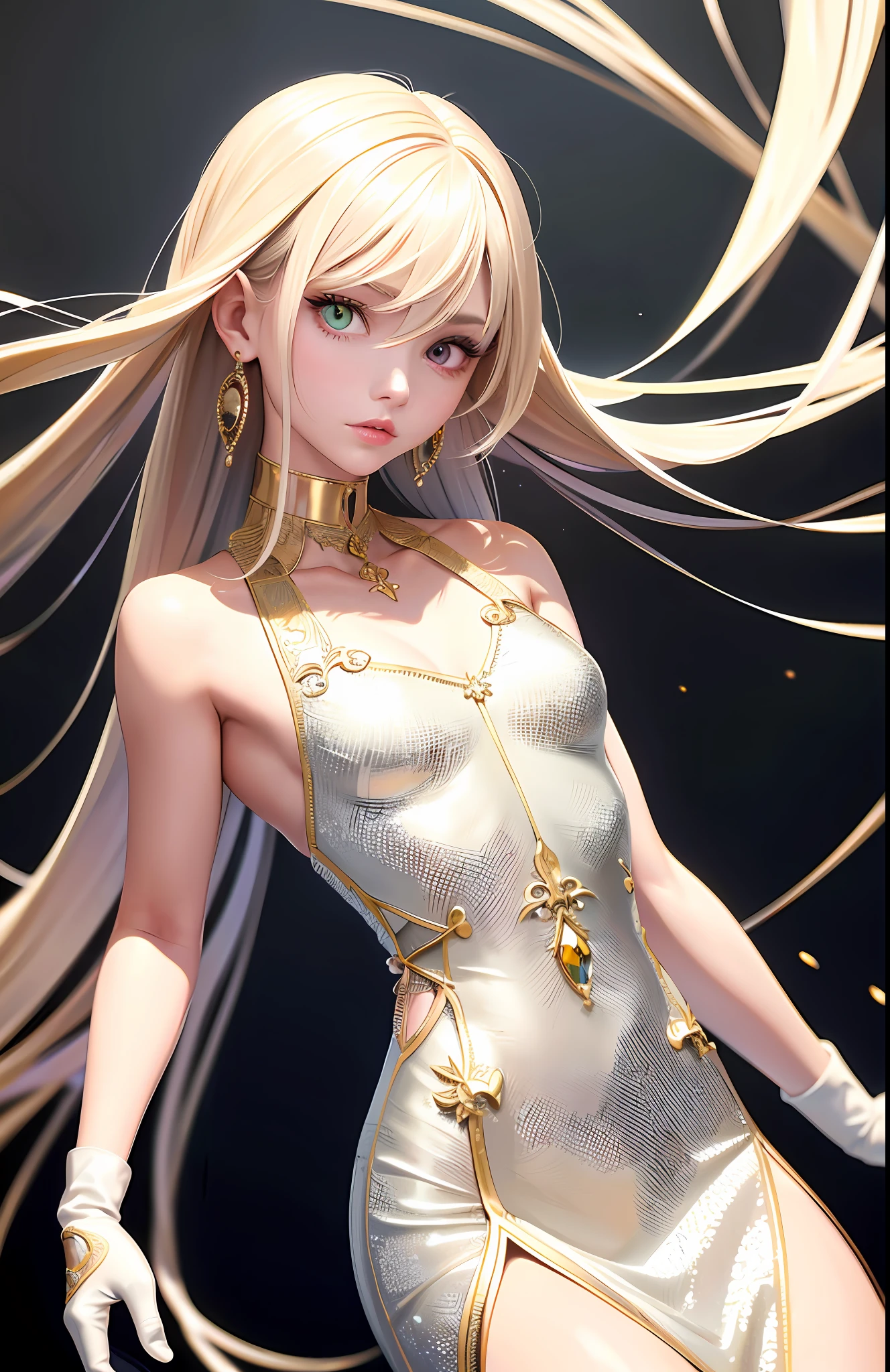 Best, Masterpiece, High Resolution, Best Quality, Ultra HD, Super Detail, Award-Calling, 16k, Solo, (Upper Body), Anatomically Correct, Beautiful Maiden, Cute Face, Highlights, Gradient Beige Hair, Hair Strands, (((Heterochromia))), Long Eyelashes, Hanging Eye Corners, Fair Skin, (Small), (Slim Body), ((Women's Long Dress)), Stud Earrings, (Neck Rings), Very, Very Short Gloves
