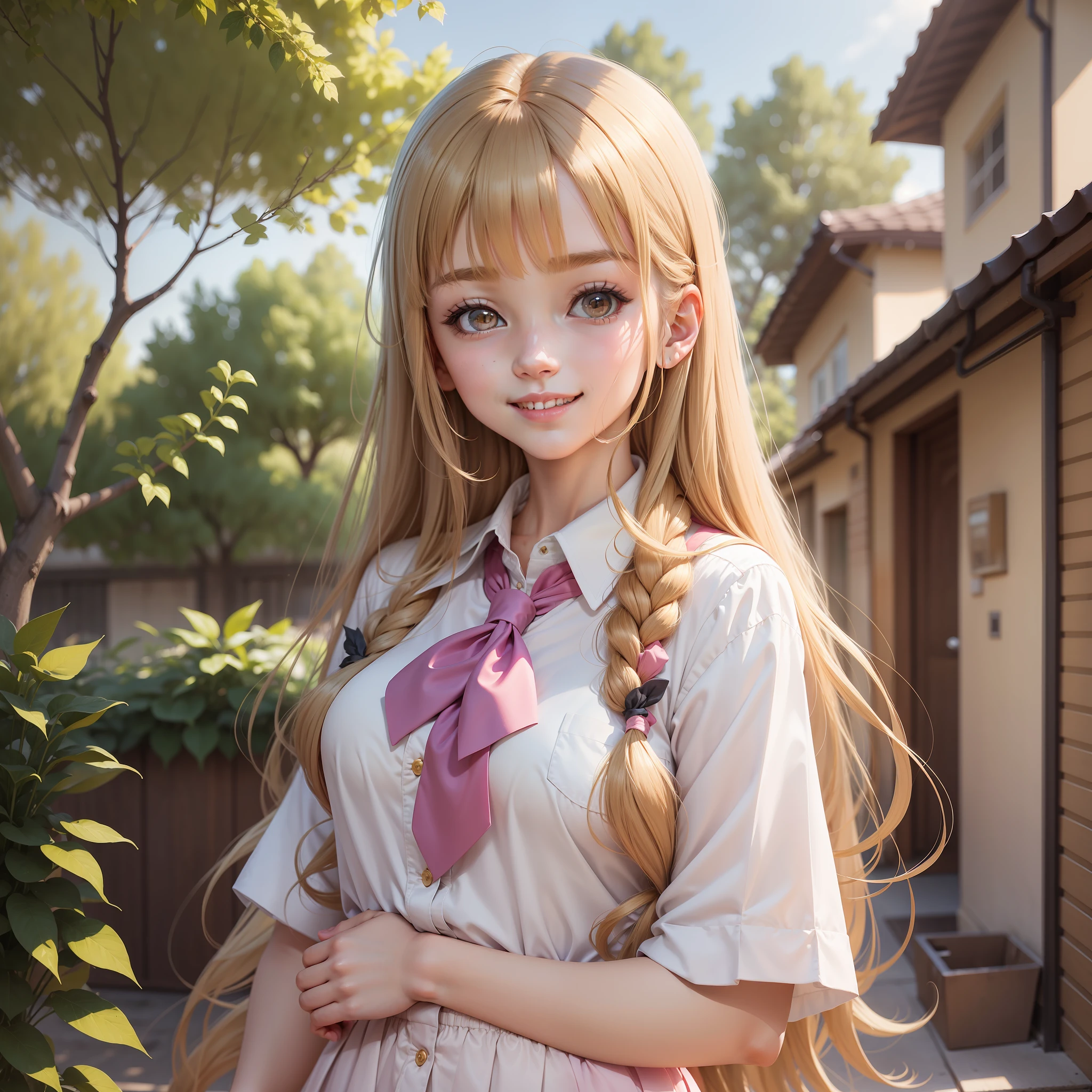 A few girls smiling school uniform top quality beautiful girl harem masterpiece long hair blonde brown hair pink
