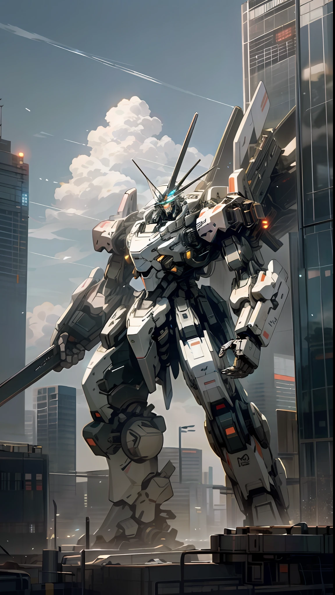sky, cloud, holding_weapon, no_humans, glowing, , robot, building, glowing_eyes, mecha, science_fiction, city, realistic,mecha