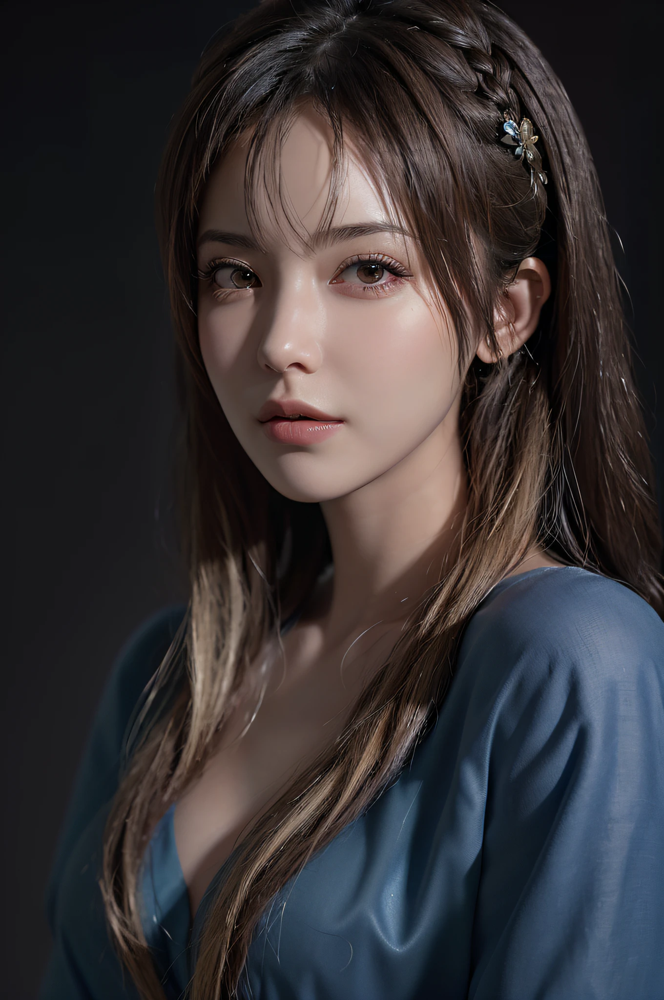 (pre-focus), (Darkness: 1.6), hyper-realist female portrait by David Hockney and Alphonse Mucha, fantasy art, photorealistic, dynamic lighting, art station, poster, volume lighting, highly detailed face, 4K, award-winning, one-girl, in dim light, deep shadows, low-key, Cowboy Shot, (Full Dress: 1.4), Long Hair, Blonde, ((Face Close-up)), (Front Focus), (Dark: 1.6), Best Quality, Masterpiece, Ultra High Resolution, (Photorealistic: 1.4), Raw Photo, One Girl, Off Shoulder, (((Face Close-Up)), In the Dimmed Light, Deep Shadows, Low Key, Cowboy Shot, (Full Dress: 1.4), Long Hair, BlondeAward-winning, hyper-realist female portrait, fantasy art, photorealistic, dynamic lighting, art station, poster, volume lighting, highly detailed face, 4K,