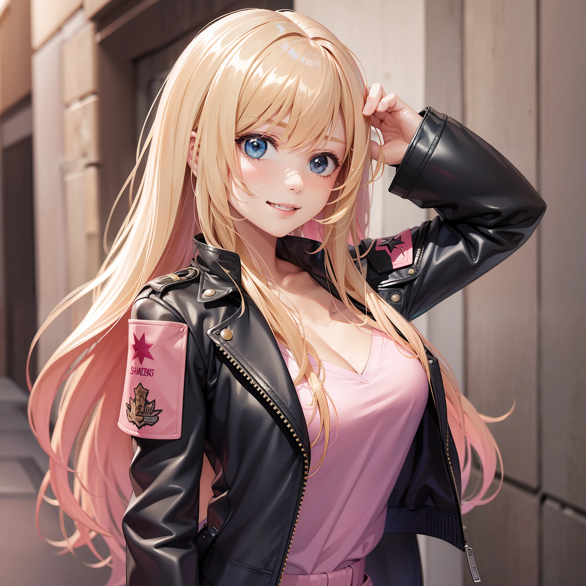 Girl School Smiling Leather Jacket Masterpiece Long Hair Best Quality Blonde Pink Hair