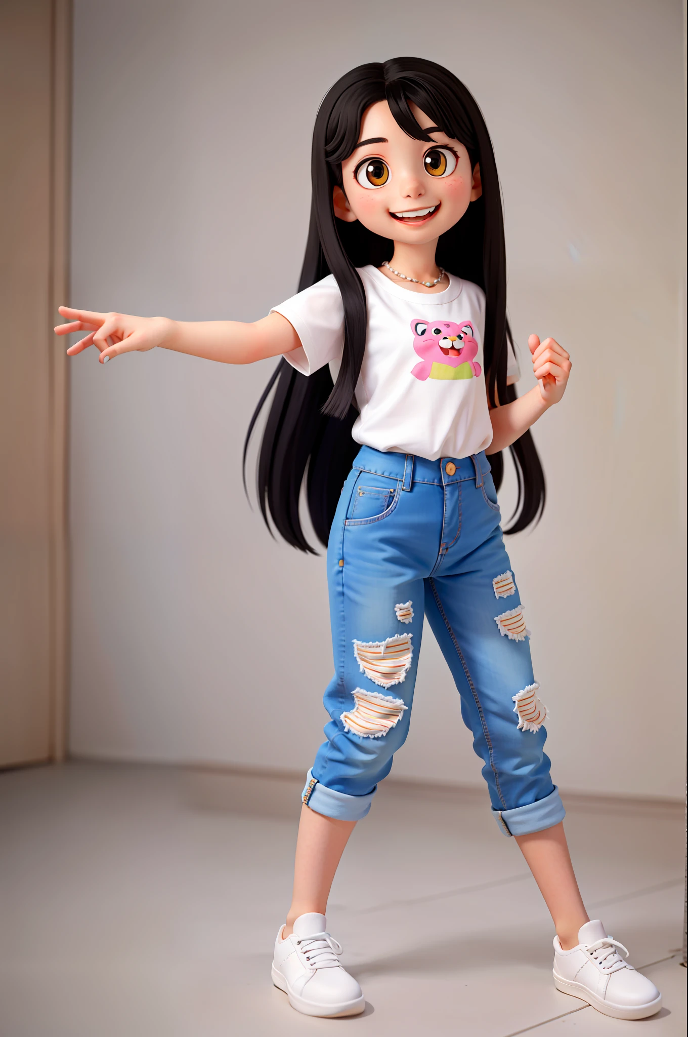 masterpiece, high quality best quality, 1girl, beautiful Sophie at with ((very long straight black hair to waist)), dancing hip hop, rap style, happy, Her face is sweet and expressive, with bright eyes and a radiant smile. She wears a blouse with animal prints. Jeans pants. Wear comfortable sneakers in white and colored laces. He carries a small backpack with tiger prints.