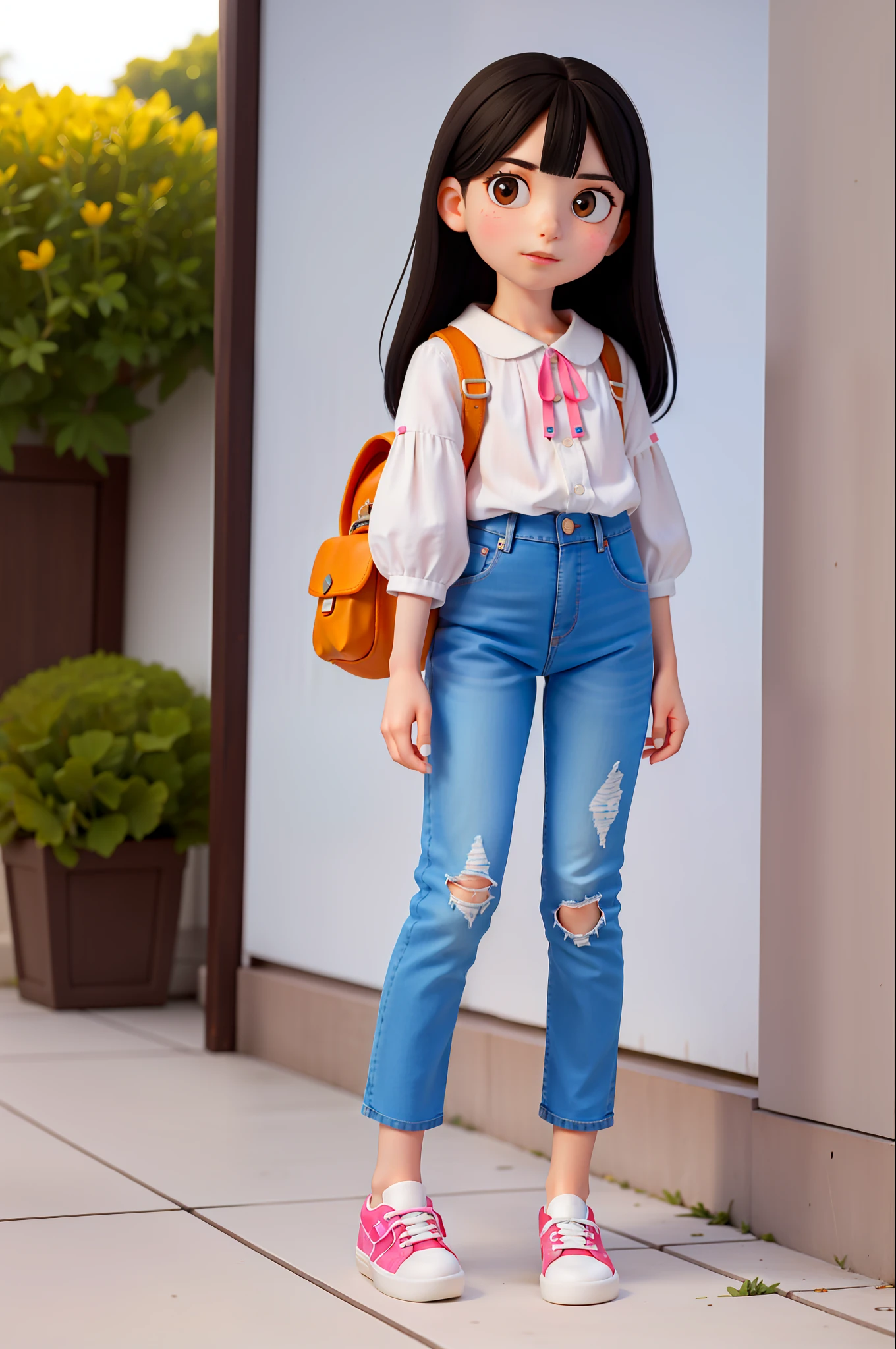 masterpiece, high quality best quality, 1girl, beautiful Sophie at 7 years old with very long straight black hair to waist, Her face is sweet and expressive, with bright eye. She wears a blouse with animal prints. Jeans pants. Wear comfortable sneakers in white and colored laces. He carries a small backpack with tiger prints.
