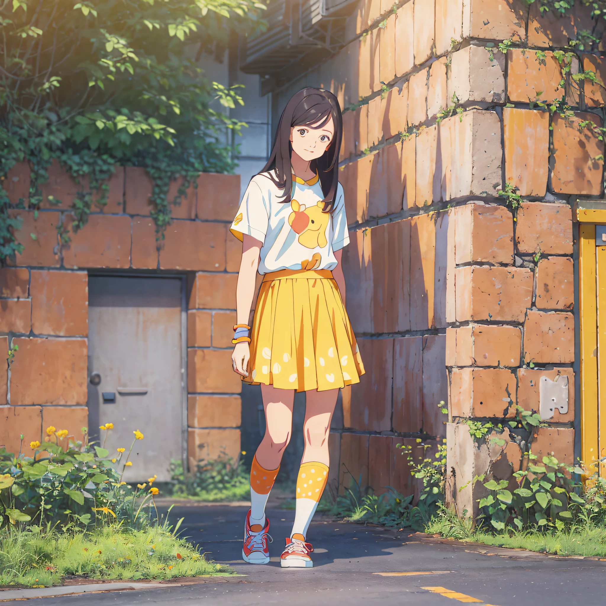 (cool outfit + women's clothing + long hair), orange and yellow short skirt, hand pockets, shallow smile on the face, patterned strawberry socks, colorful sneakers, natural sunlight, bright white and dark parts, a small amount of Pooh Bear (2 pcs). --auto --s2