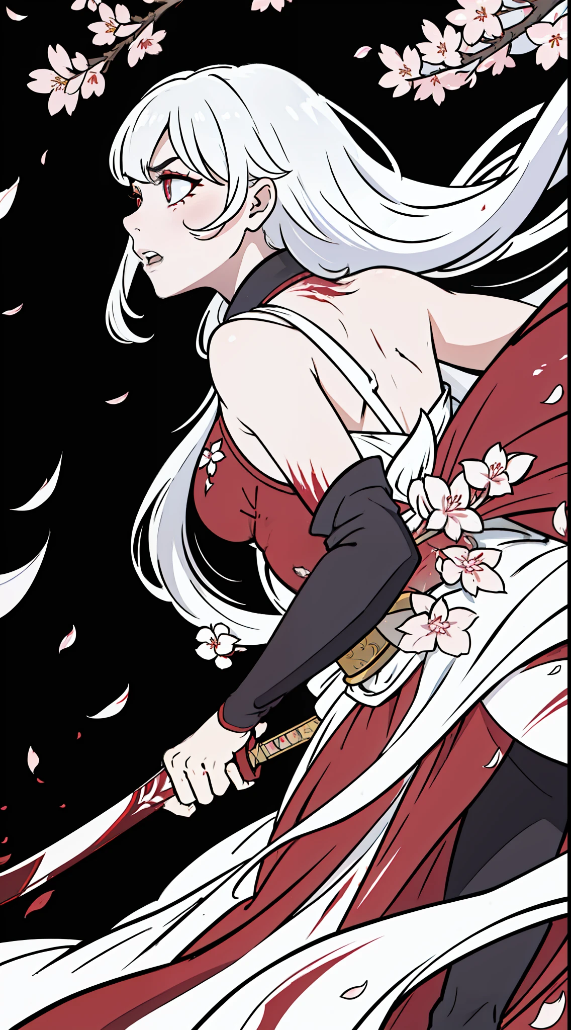 Solo, a charming banshee, back, flowing white hair, blood-red cherry blossoms falling, holding a blood-stained blade, 8k, cinematic lighting, fierce eyes, anger, night, black background