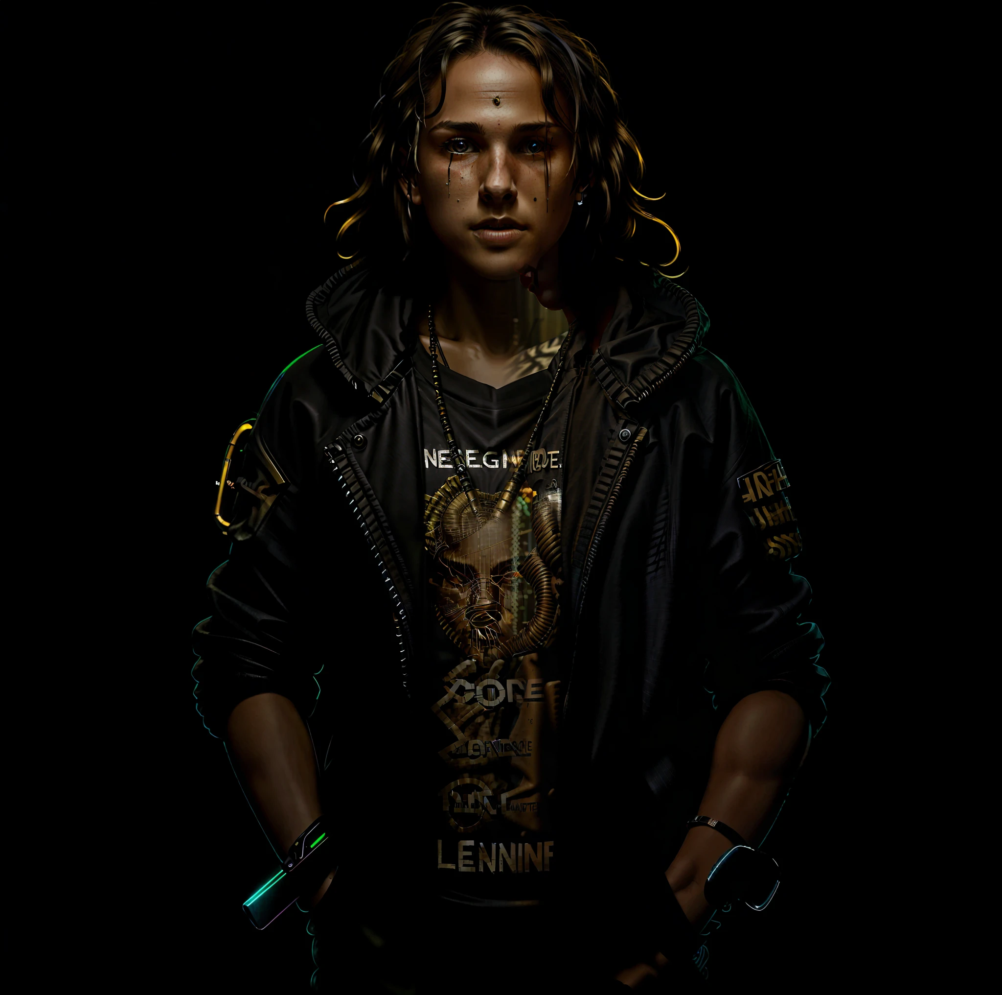 Artistic photograph of a age male metalhead on a street with neon blade runner style signs, extremely detailed, centralized, intricate neon slums in the background, high resolution, hyper-detailed, soft lighting, grain of film