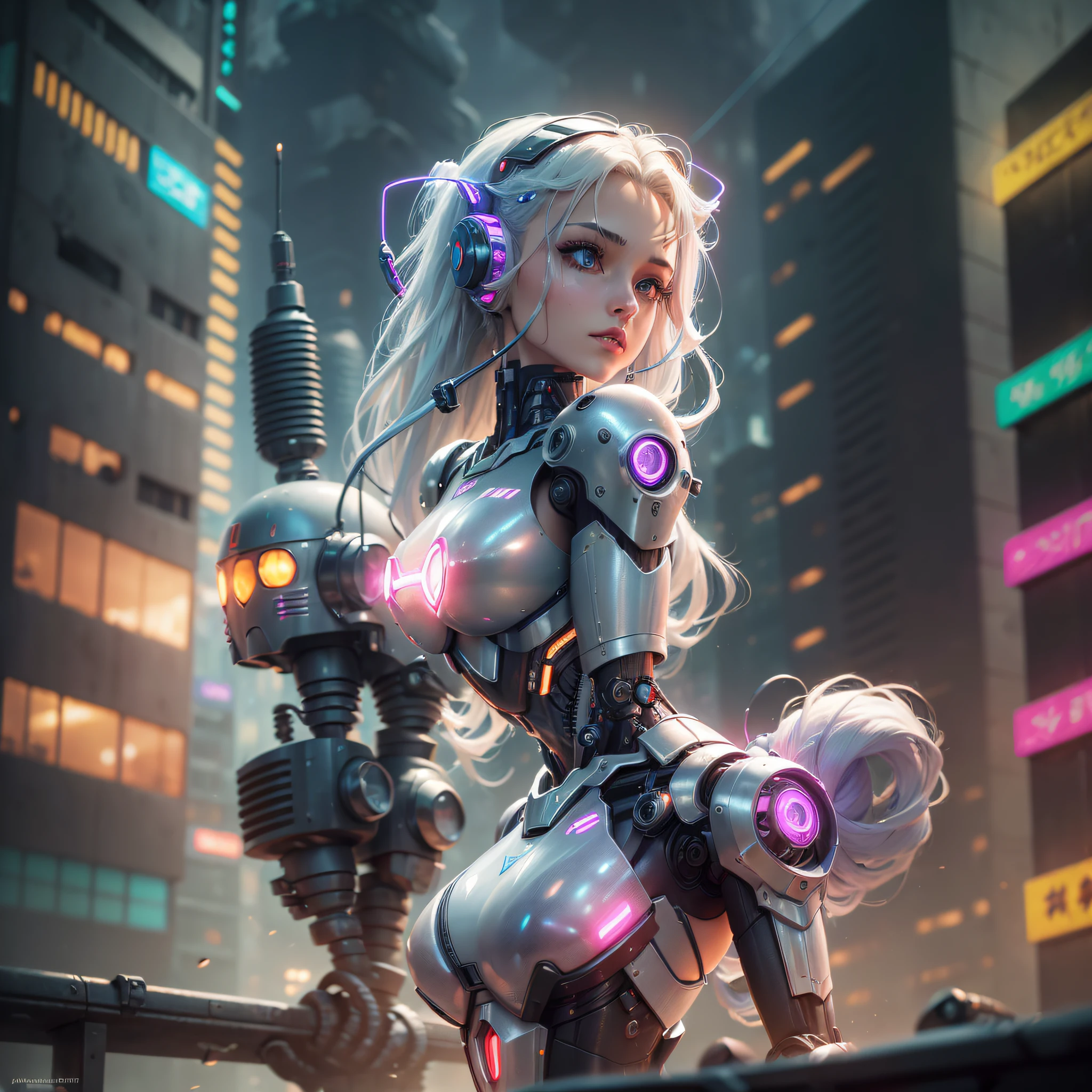 High Detail RAW color Photo,hyperrealistic,digital painting,wide shot,Full Shot,(lens flare:0.5), (bloom:0.5), portrait,(highly detailed, fine details, intricate), incredibly absurdres,(luxurious  cyberpunk:1.4,Dystopian,sci-fi),  concept art,ornate, from side,looking to the side,
1girl,Lucy \(cyberpunk\),European_Girls,(cute female arterial intelligence,robot, cyborg:1.5),(robotic parts,augmentations,mechanical arms, mechanical legs,silver halmet), (cybernetic implants:1.4,microchip,metal,electric wires,cable,silicone),grey eyes,asymmetrical hair, standing,(holding_weapon,battle_rifle,handgun),belt,(wearing shiny tight soft light suit,see-through white chemise), open jacket,detached sleeves,hip vent,metallic bone exposed,toned physique,slender,medium breasts exposure,breasts out,large ass, (pale skin),(detailed skin, diffused skin pores),HQ, angelic, decorations, embellishments,hard edge,
breathtaking,outdoors, ((in surreal planet Raphael Lacoste)),night, (electricity, bright neon colors,sprawling cyberpunk city skyline), turbulent storm, rain,smog,tendrils, spirals,  dust,(((flying ships))), (badlands, observitory) --auto --s2