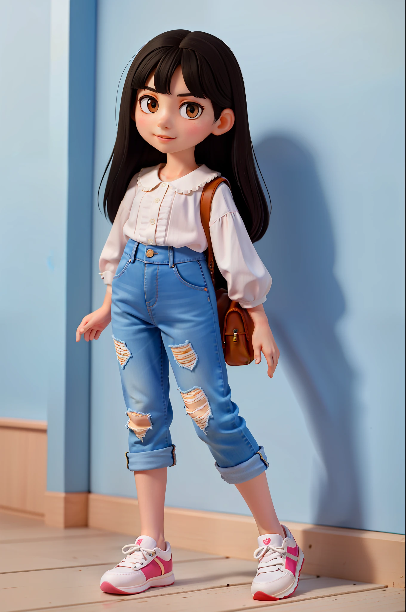 masterpiece, high quality best quality, 1girl, beautiful Sophie at 7 years ((with straight black hair very long to the waist)). Her face is sweet and expressive, with bright eyes. She wears a blouse with animal prints. Jeans. Wear comfortable sneakers in white, colored laces. He carries a small backpack with tiger footprints.