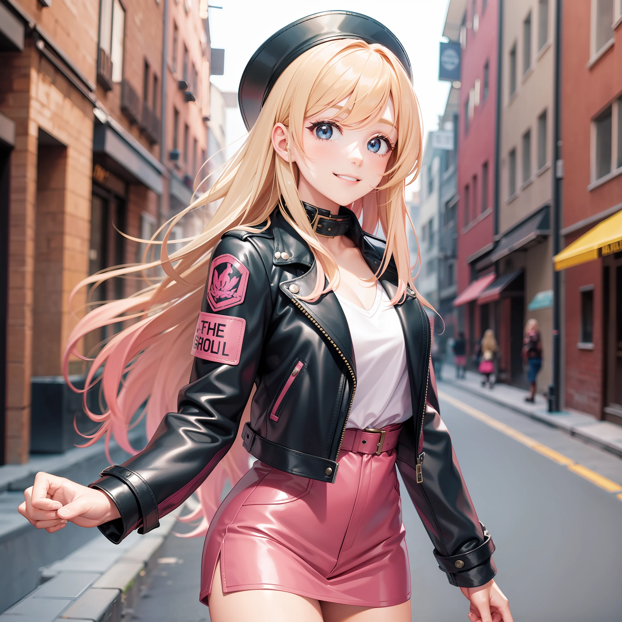 Girl School Smiling Leather Jacket Masterpiece Long Hair Best Quality Blonde Pink Hair