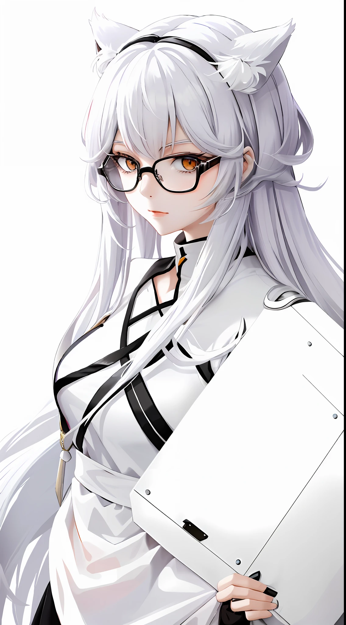 A woman wearing glasses poses for a photo. She transforms into a white cat lady, and the whole presents a detailed character art style. She shows gestures in the picture with flexible finger movements. She has straight white hair, giving the impression of being long and straight. She poses very sexy and creates a sense of fashion. The whole design is simple and clean, which is very in line with modern aesthetics. She may be streaming, interacting with viewers. In this scene, the color of white occupies a scale of 0.5, adding to the soft atmosphere. The overall atmosphere can be very cute (kawaii). Guweiz, index finger, anime moe art style, seductive anime girl, long hair anime girl, (anime girl), beautiful anime cat girl, white cat girl, anime vision with glasses, cute girl, anime best girl, anime girl, no text on the picture to keep it simple.