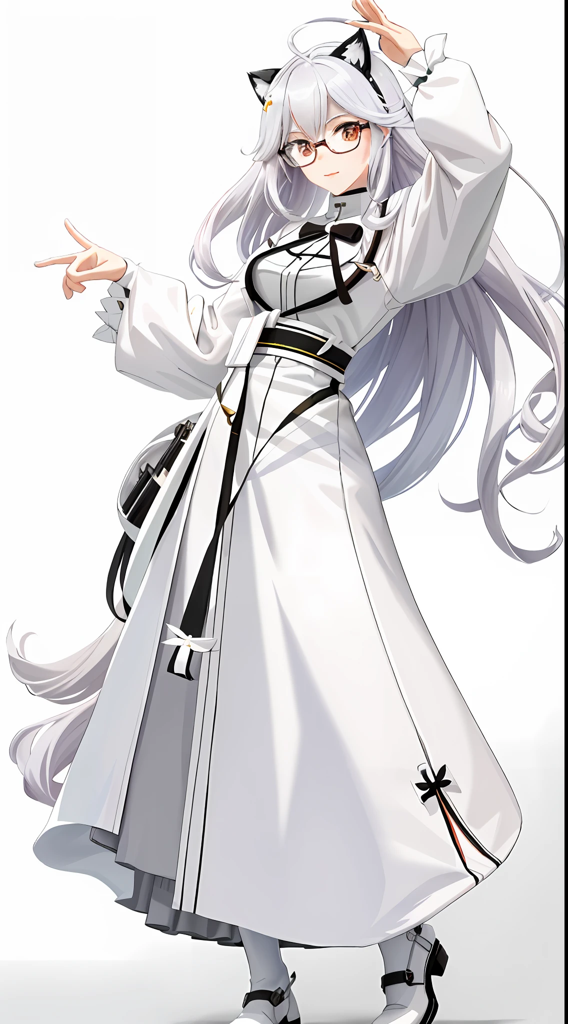 A woman wearing glasses poses for a photo. She transforms into a white cat lady, and the whole presents a detailed character art style. She shows gestures in the picture with flexible finger movements. She has straight white hair, giving the impression of being long and straight. She poses very sexy and creates a sense of fashion. The whole design is simple and clean, which is very in line with modern aesthetics. She may be streaming, interacting with viewers. In this scene, the color of white occupies a scale of 0.5, adding to the soft atmosphere. The overall atmosphere can be very cute (kawaii). Guweiz, index finger, anime moe art style, seductive anime girl, long hair anime girl, (anime girl), beautiful anime cat girl, white cat girl, anime vision with glasses, cute girl, anime best girl, anime girl, no text on the picture to keep it simple.