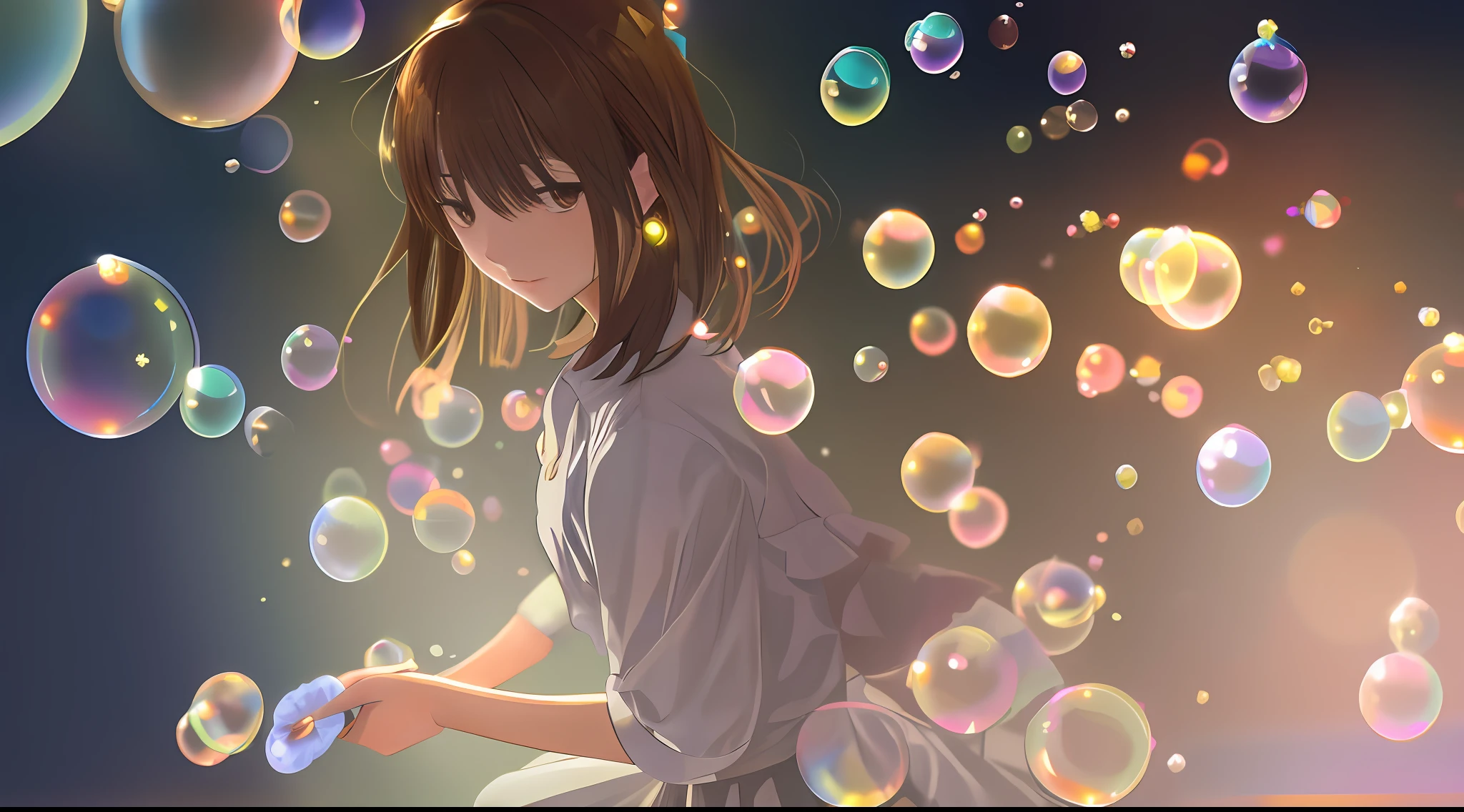Detailed illustration in anime style, very cute young woman, solo, brown short hair, perfect round gray eyes, white shirt, gray long skirt, surrounded by a lot of small soap bubbles, very dark fantastic background, fantastic lighting, backlight, Makoto Shinkai anime style