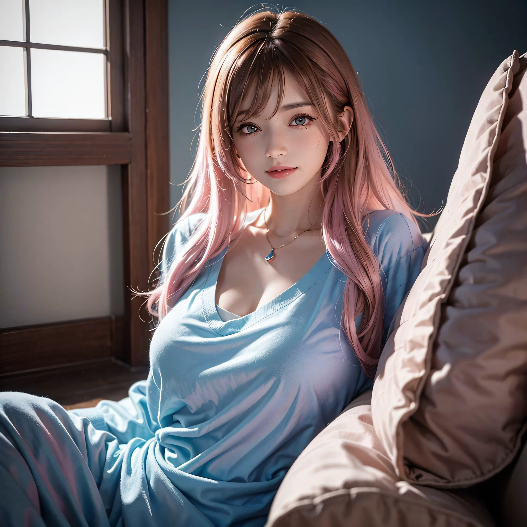 (1 beautiful girl: 2.0), (medium length hair), gradient hair, (brown hair: 1.2), (light blue hair: 1.0), (pink hair: 1.0), big eyes, shy annotated shot, smile, indoor, sitting on sofa, dark background, dark, close-up, upper body, sony A7 III., ((best quality)), ((ultra-detailed) )),realistic.