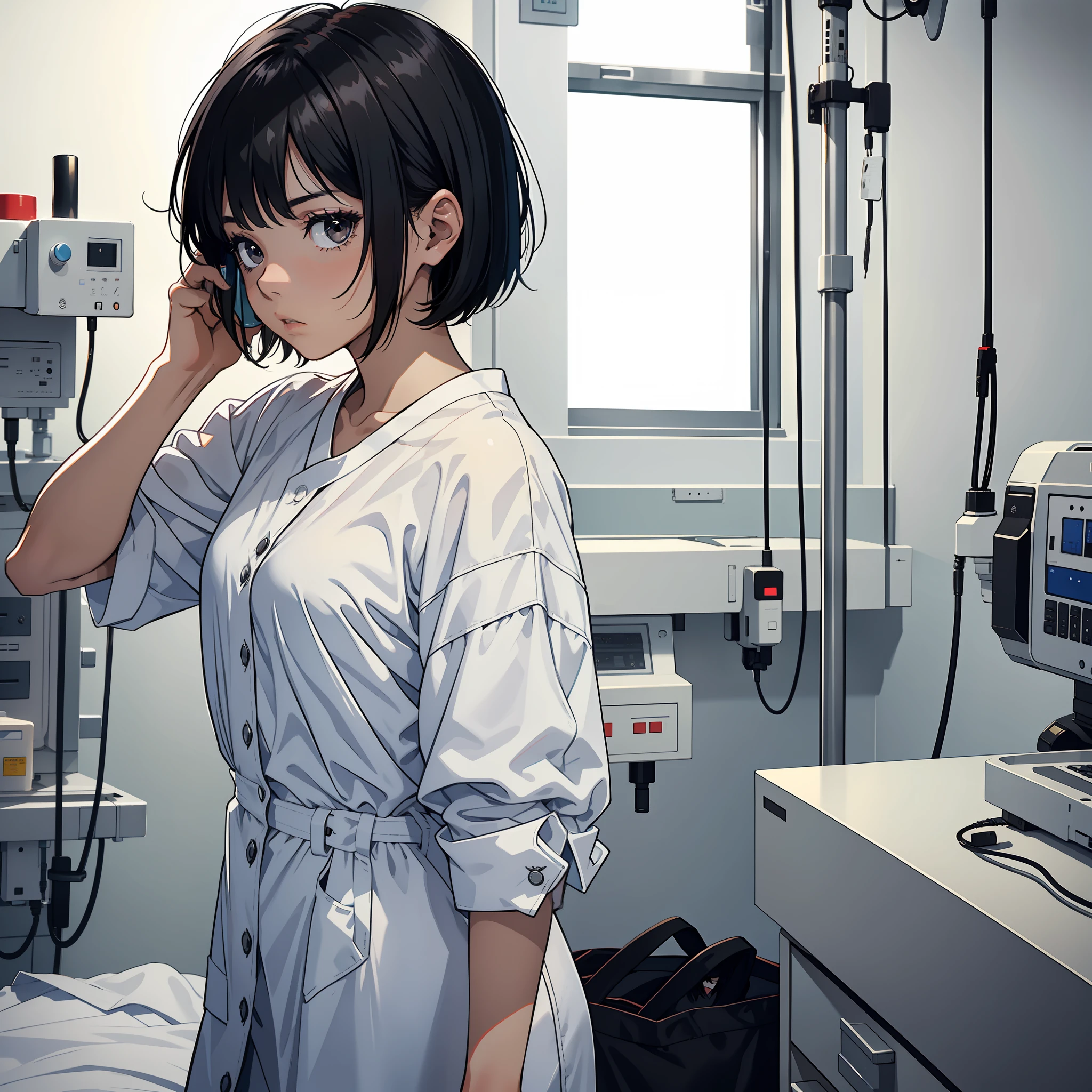 A 20-year-old girl with short black hair, black eyes, sad expression, white shirt, on the phone, in a hospital ward
