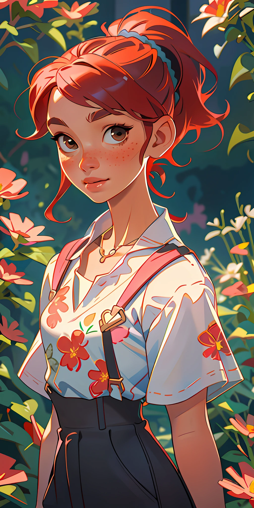 (masterpiece, best quality), 1girl, collarbone, wavy hair, looking at viewer, blurry, upper body, necklace, suspenders, floral print, ponytail, freckles, red hair, sunlight,