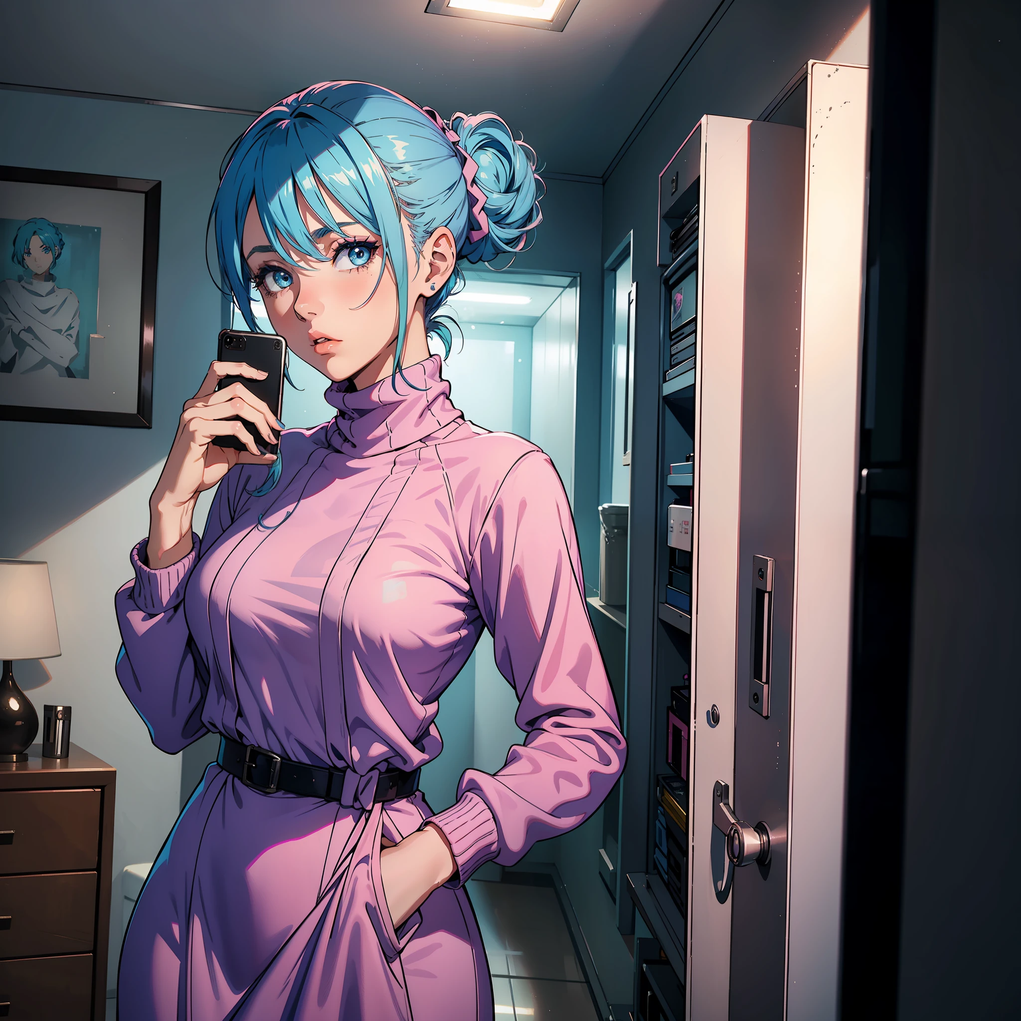 A 20 year old girl with blue hair, blue eyes, updo, turtleneck pink dress, holding cell phone in hand to make calls, nervous expression, in the living room, solo