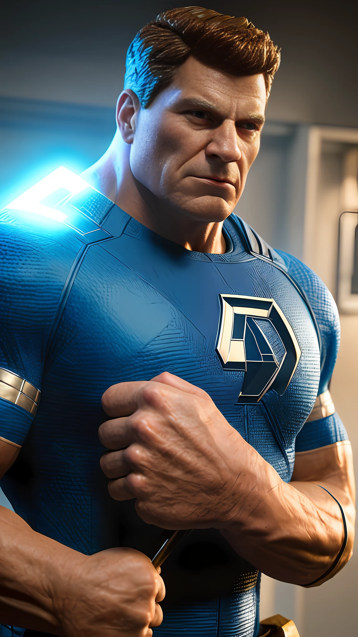 The cinematic soft lighting illuminates an incredibly detailed and ultra-realistic Ben Grimm The Fantastic Four Thing, blue uniform that's trending at ArtStation. Octane is the perfect tool to capture the softest details of this masterpiece of 16k photography, with the Paris saint Germain shirt