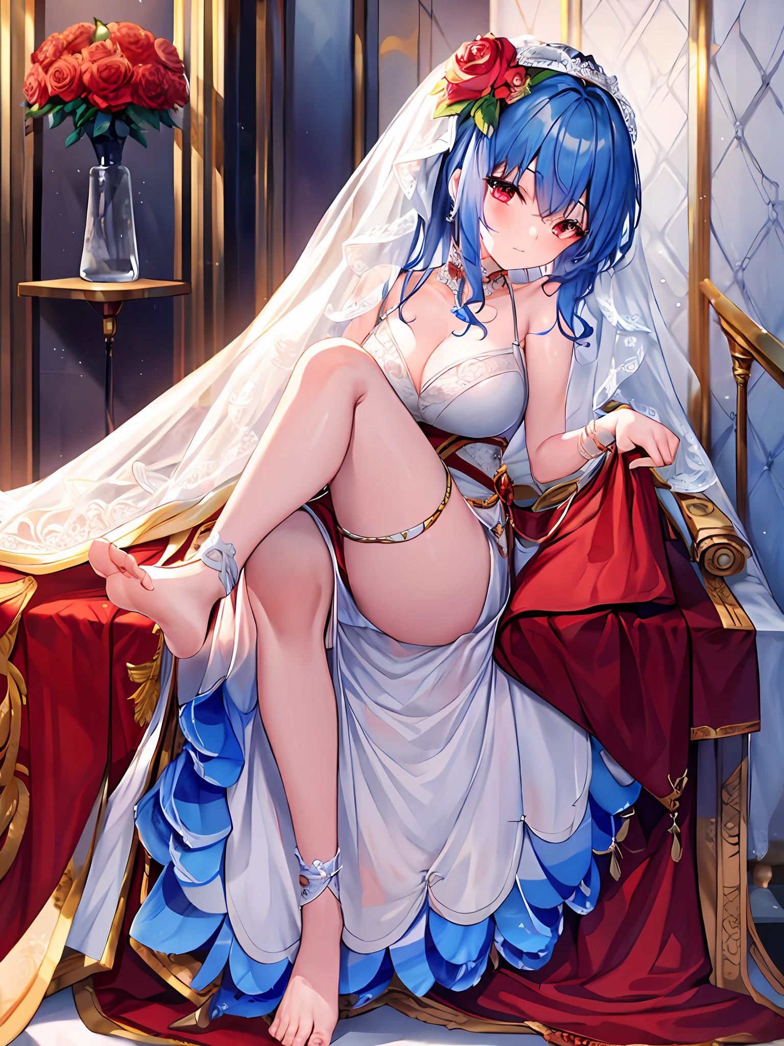 ((Best Quality, 8K, Masterpiece: 1.3)),1 girl, mature and charming woman, blue hair, coming out of the bathroom, feet,Dripping hair, getting dressed,room,Wedding dress,Red eyes,Red knot,Temple, church, flower ball,