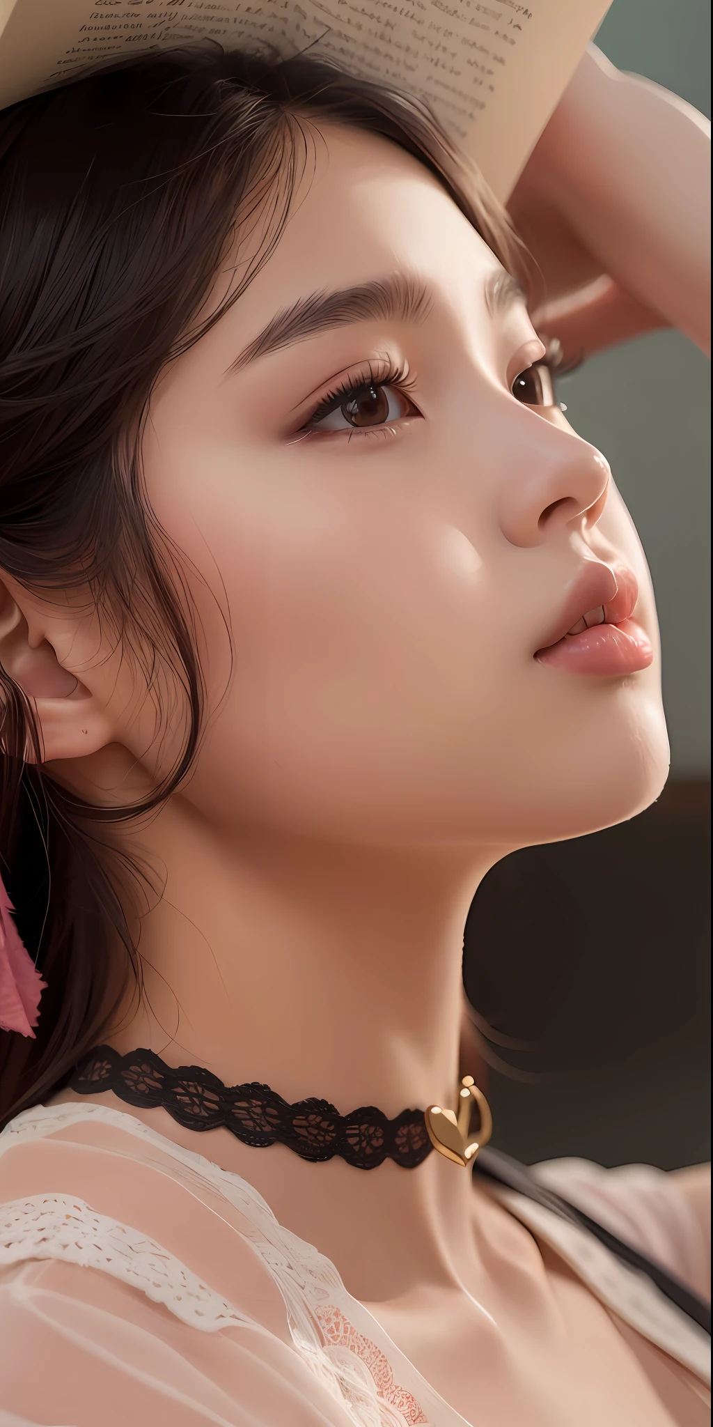 a close up of a woman holding a book over her head, lovely delicate face, beautiful delicate face, beautiful south korean woman, beautiful aesthetic face, wan adorable korean face, extremely beautiful face, deep gaze to the side, feminine beautiful face, blackpink jennie, young adorable korean face, beautiful young korean woman, young cute wan asian face, soft light from the side