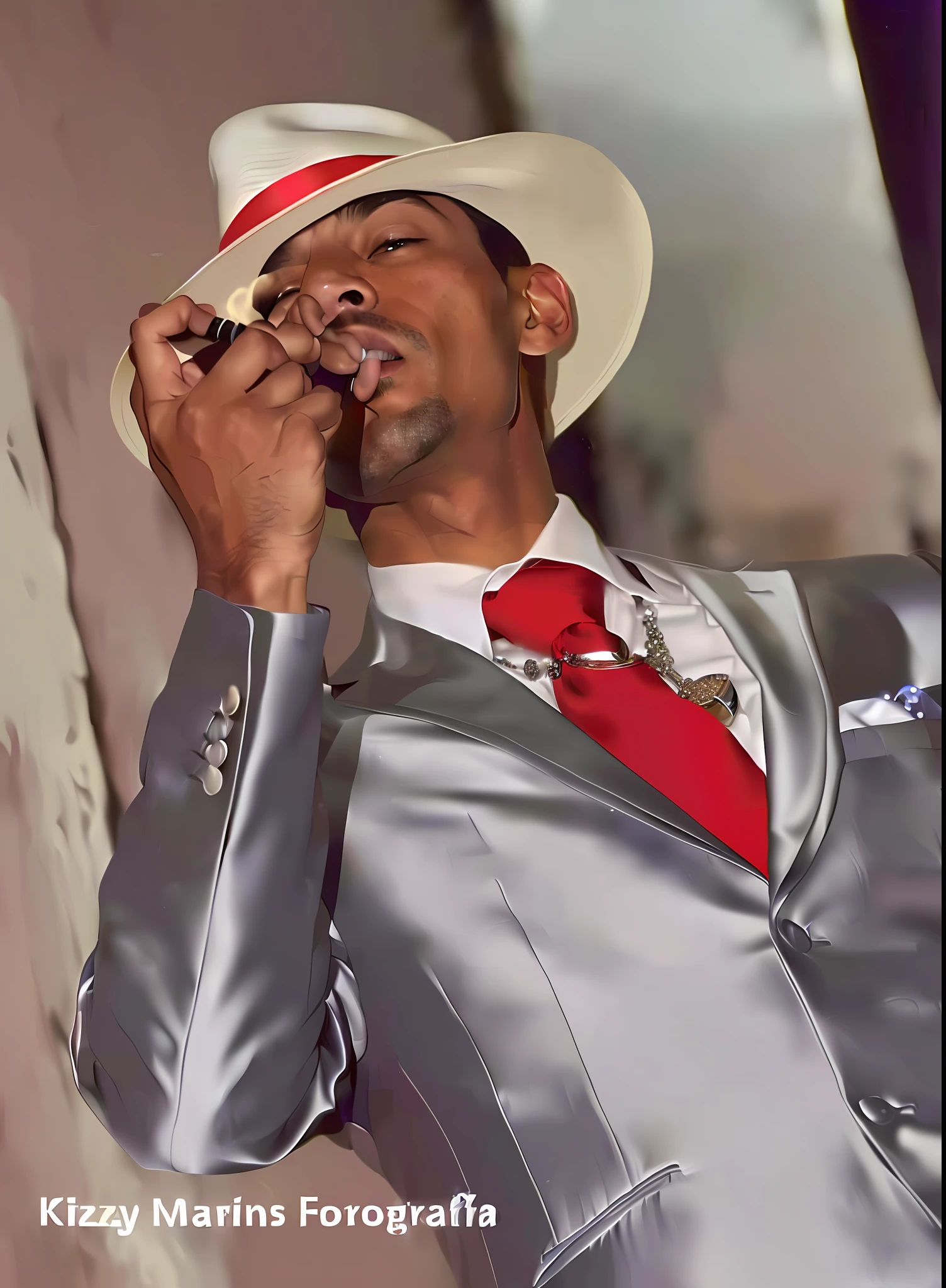 There is a man in a suit and hat smoking a cigarette, taken in early 2020, performing on stage, vocalist, silver suit and hat, a man in a hat, tilting his fedora, striking an elegant pose, live performance, elegant deity,