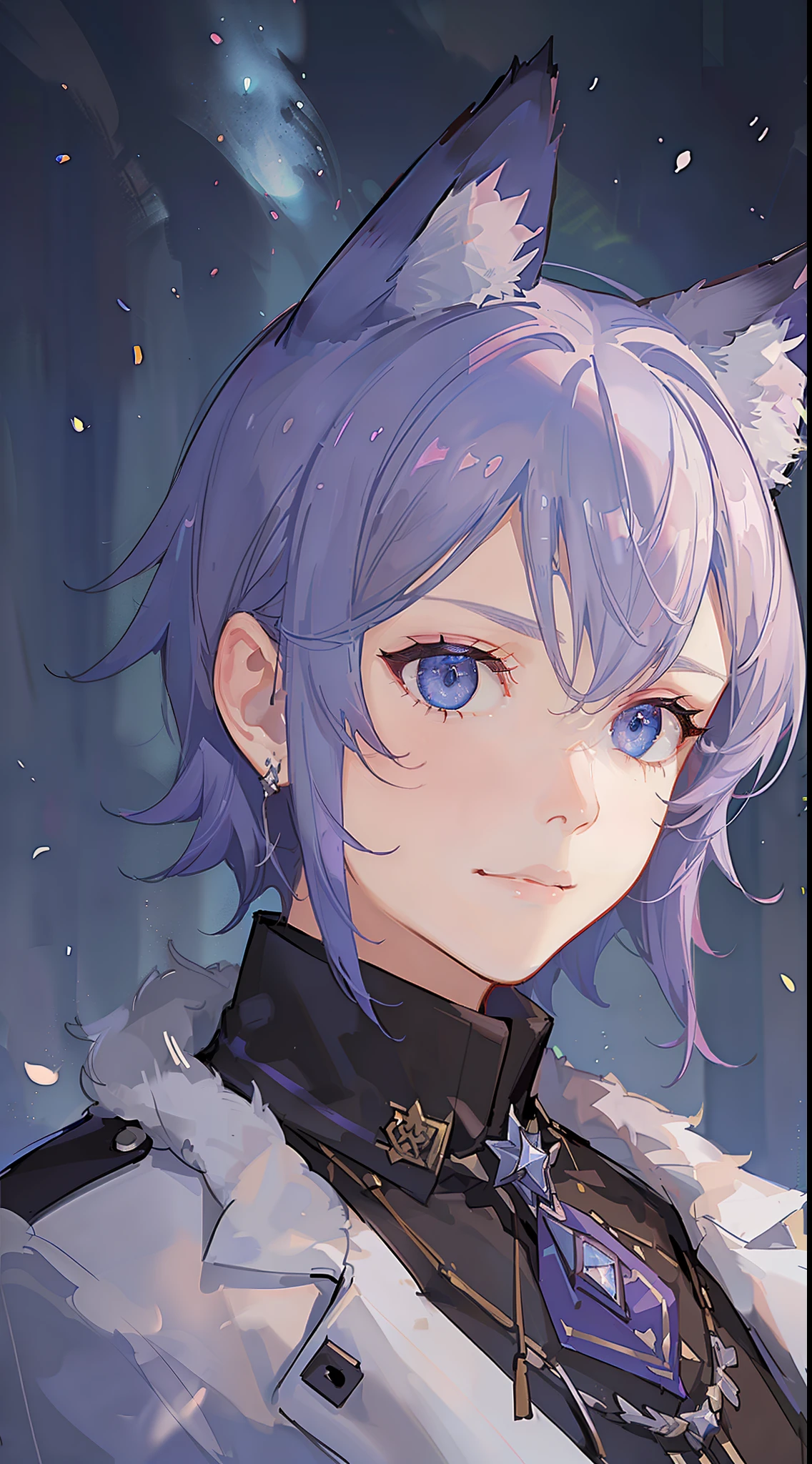 Young guy, short purple hair, blue eyes, wolf ears, dark officer's uniform, smirk, masterpiece, high quality