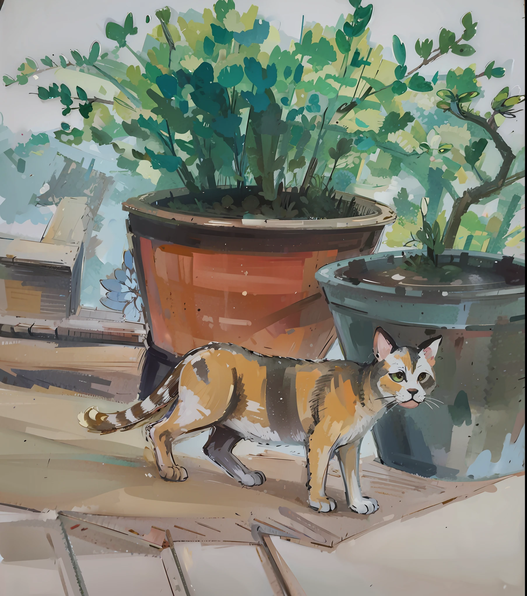cartoon drawing of a cat standing beside of flower, cartoon still