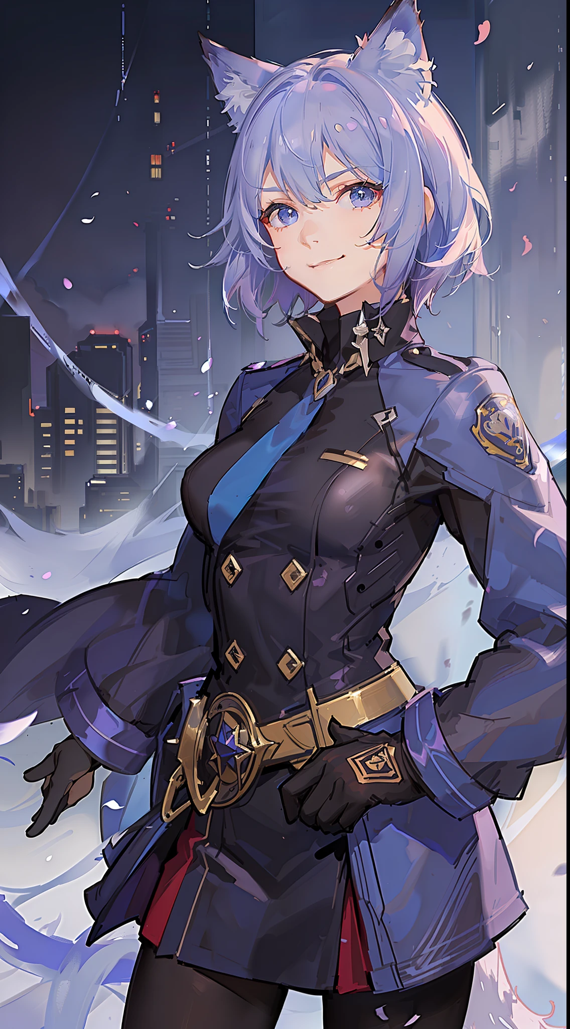 Young guy, short purple hair, blue eyes, wolf ears, dark officer's uniform, smirk, masterpiece, high quality