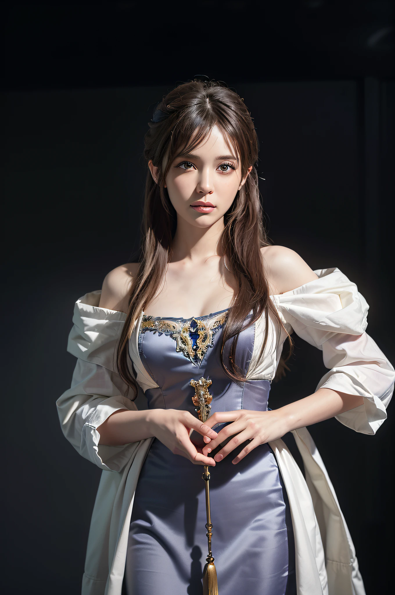 (pre-focus), (Darkness: 1.6), hyper-realist female portrait by David Hockney and Alphonse Mucha, fantasy art, photorealistic, dynamic lighting, art station, poster, volume lighting, highly detailed face, 4K, award-winning, one-girl, in dim light, deep shadows, low-key, Cowboy Shot, (Full Dress: 1.4), Long Hair, Blonde, ((Face Close-up)), (Front Focus), (Dark: 1.6), Best Quality, Masterpiece, Ultra High Resolution, (Photorealistic: 1.4), Raw Photo, One Girl, Off Shoulder, (((Face Close-Up)), In the Dimmed Light, Deep Shadows, Low Key, Cowboy Shot, (Full Dress: 1.4), Long Hair, BlondeAward-winning, hyper-realist female portrait, fantasy art, photorealistic, dynamic lighting, art station, poster, volume lighting, highly detailed face, 4K,