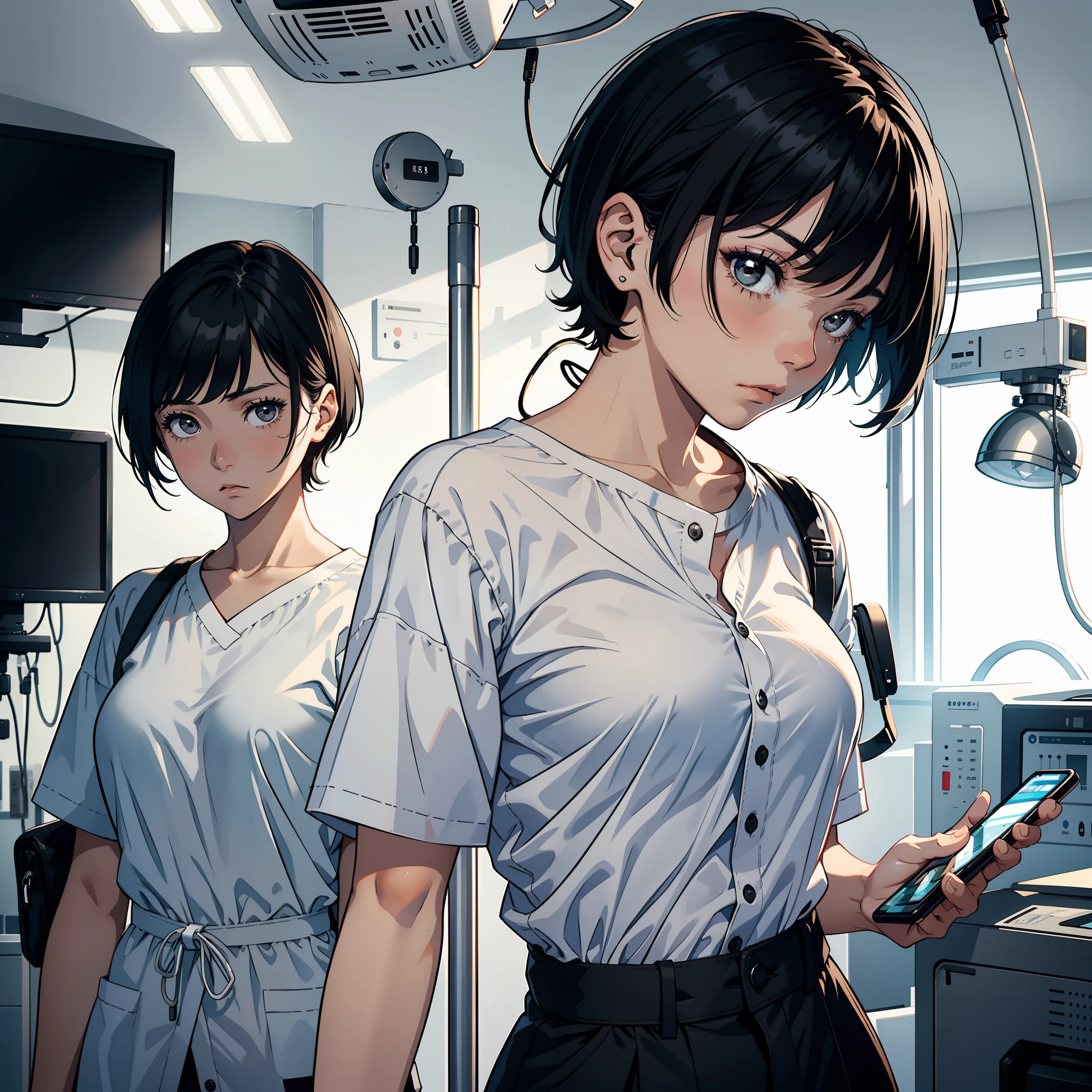 A 20-year-old girl with short black hair, black eyes, sad expression, white shirt, on the phone, in a hospital ward