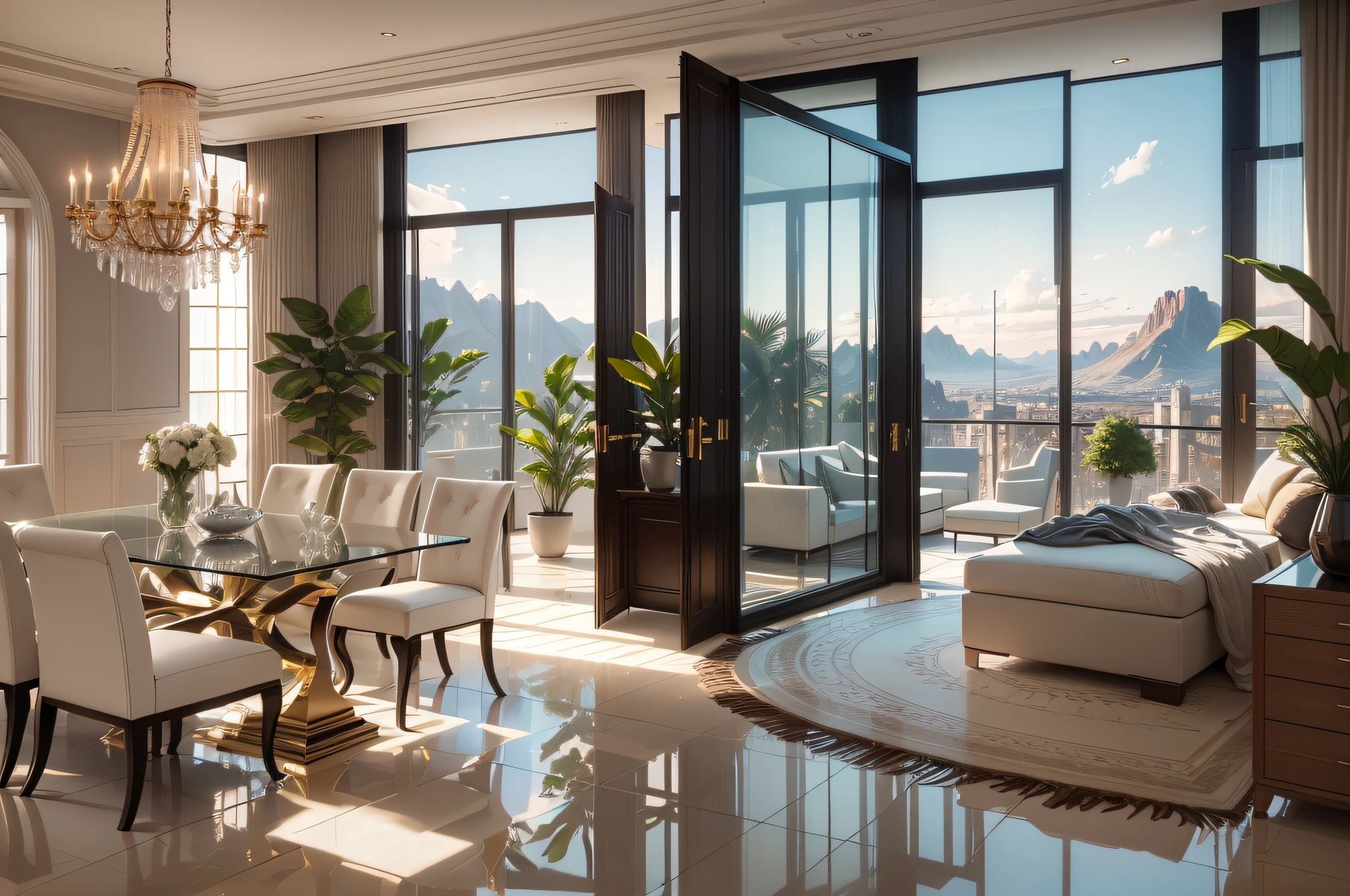 Photorealism, Interior Design, Luxury Suite, Masterpiece, Best Quality, Ray Tracing, Reflection, High Resolution, Large Window, Modern Design, Home, HDR, (Home Design), (Modern), Glass, (Plant), --auto --s2
