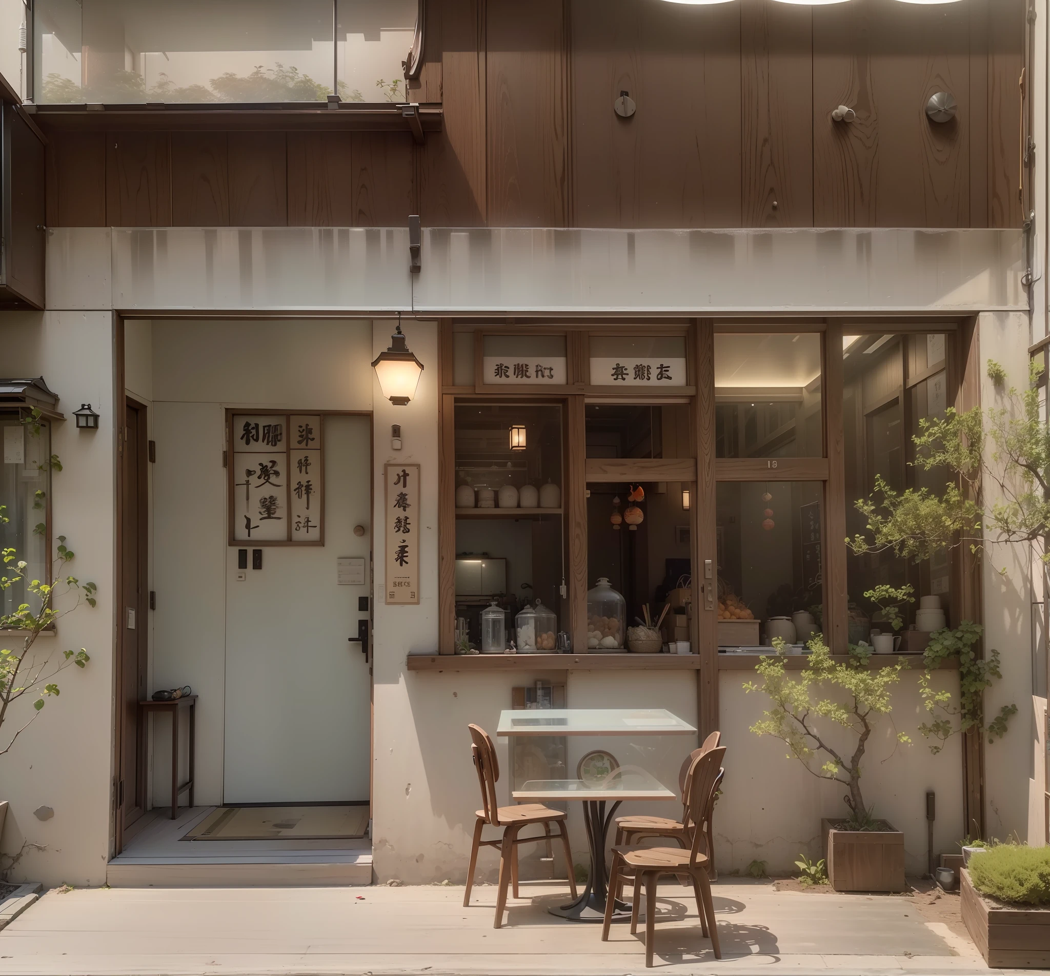 (Best Quality), ((Masterpiece), (Details: 1.4), HDR (High Dynamic Range), Ray Tracing, NVIDIA RTX, Super Resolution, Unreal 5, Subsurface Scattering, PBR Textures, Post Processing, Anisotropic Filtering, Depth of Field, Maximum Acutance and Sharpness, Multi-layer Textures, Albedo and Highlight Maps, Surface Shading, Accurate Simulation of Light-Material Interactions, Perfect Proportions, Octane Rendering, Two-color Light, Large Aperture, Low ISO, White Balance, Rule of Thirds, 8K RAW, Realistic, shop, Japanese style, log style, large fish tank embedded in the wall, fish tank instead of cabinet, a group of small red goldfish inside the fish tank, no window, a transparent glass in the middle of the wooden door, a set of leisure small tables and chairs, Japanese style signboard at the top of the store, dim sum signboard,