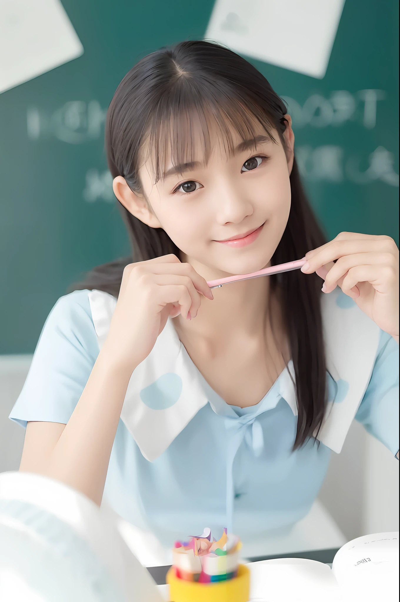 there is a woman sitting at a table with a pencil in her hand, young and cute girl, wearing japanese school uniform, japanese girl school uniform, slight cute smile, cute schoolgirl, a hyperrealistic schoolgirl, portrait of high school girl, young cute wan asian face, beautiful anime high school girl, cute kawaii girl, hyperrealistic schoolgirl, smiling sweetly