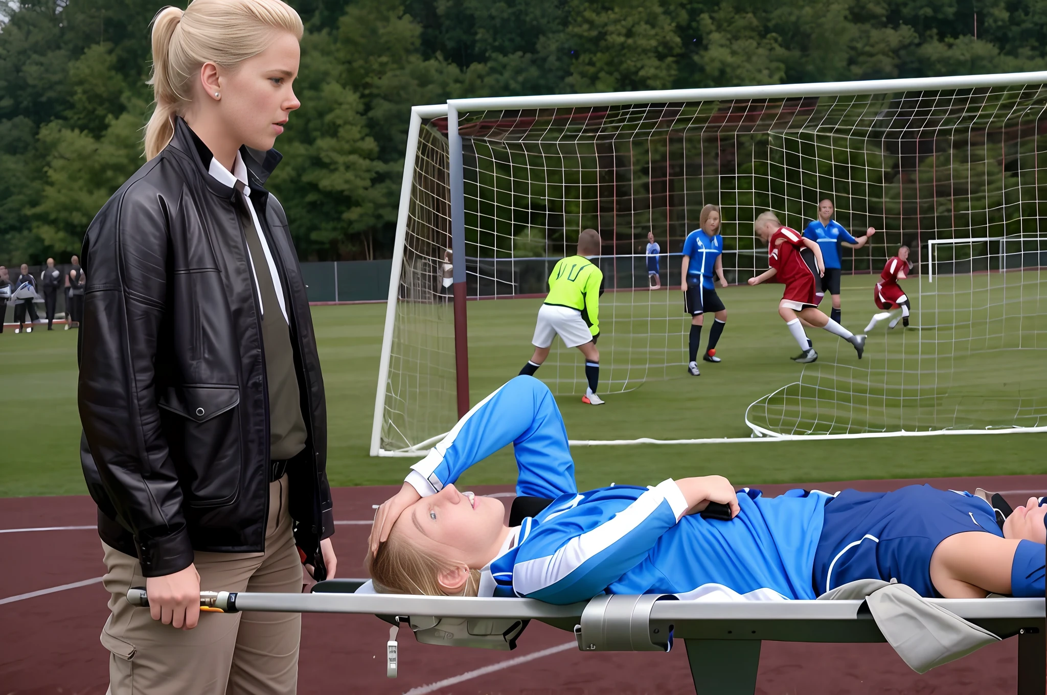 blond woman in black leather uniform lcarrying a stretcher on a soccer field with a soccer goal in the background, blond woman is desperately crying out, blond woman is crying with tears in her face, suffering young man lying on a stretcher, young man on a stretcher is suffering from pain, mid-shot, mid - shot, igla movie shot, best scene, ! movie scene, movie scene, realistic scene, scene from a movie, very realistic film still, realistic shot, mid shot, complex scene, by Christen Dalsgaard, wonderful scene