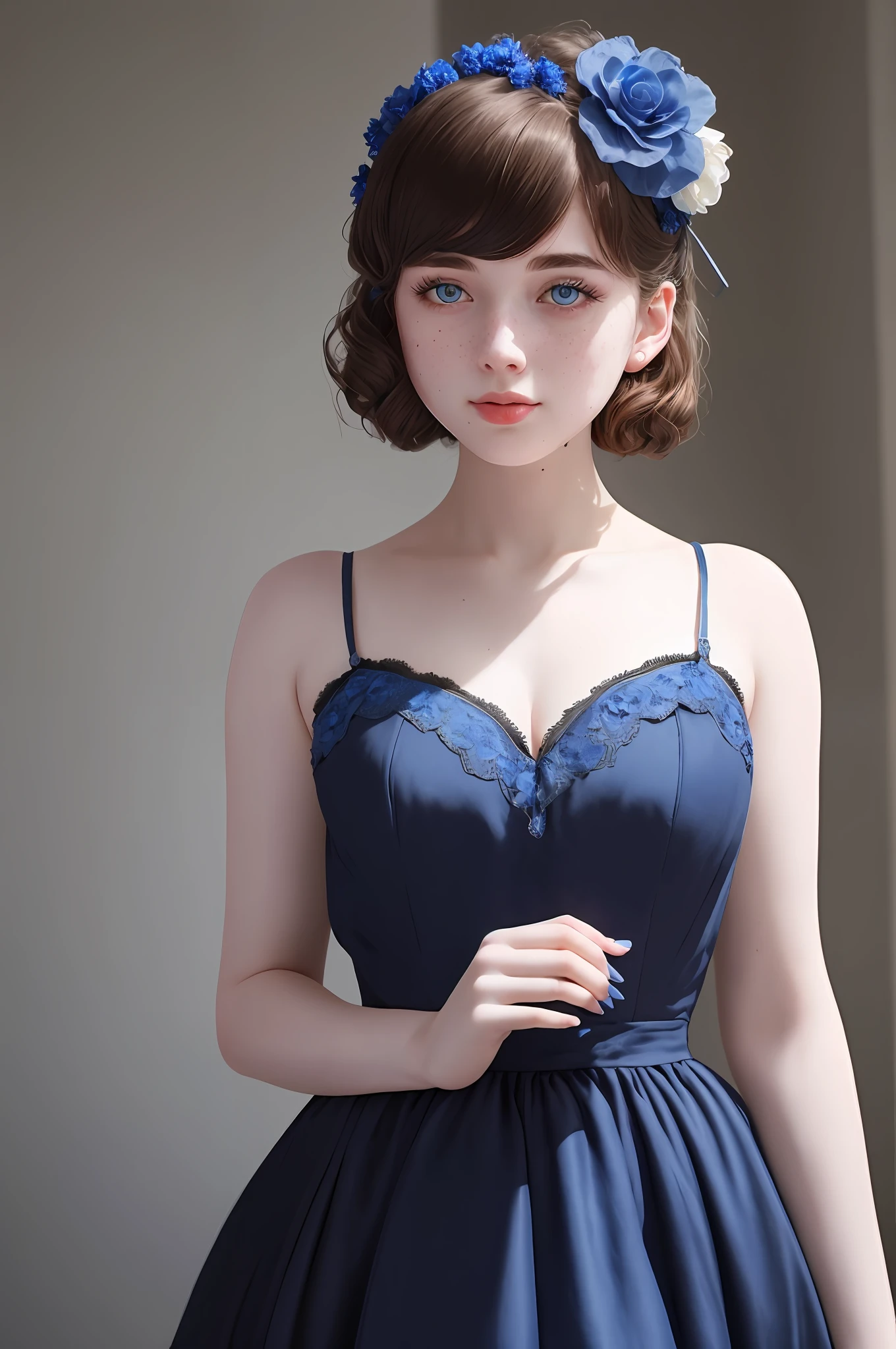 Higher quality, (dramatic lighting: 0.7), masterpiece, RAW photo of (pale 20-year-old woman, looking at the viewer), black bobcut hairstyle with a flower attached to the hair, cute, (wearing a 1940's style blue dress with flower pattern), perfect face, seductive eyes, vivid details, (highly detailed skin), freckles, sfw, (blue hue:0.6), (dirty:0.8), (bloody:0, 7), main lighting, (backlight: 0.5), medium depth of field, (hyperdetailed, intricate details), sharp focus, soft colors, 8k, absurdities, 8mm film grain, she is standing