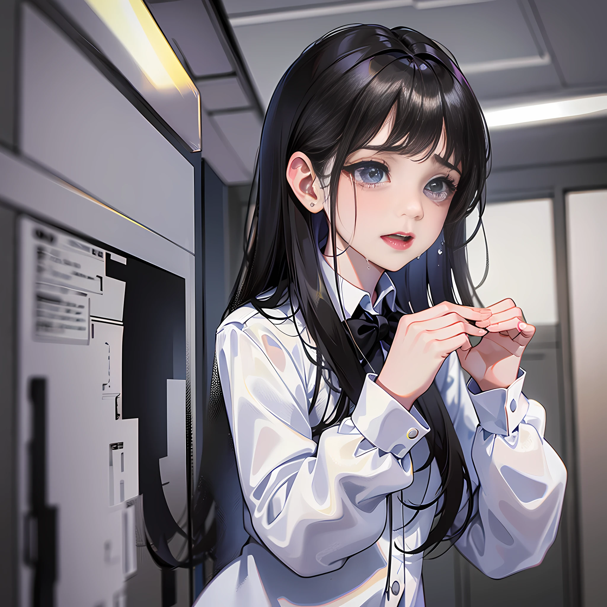 In the conference room, there was a girl standing up, aggrieved, crying, tears, wiping tears with her hands, front, long black hair, super detailed, 4k, white, no bow tie,