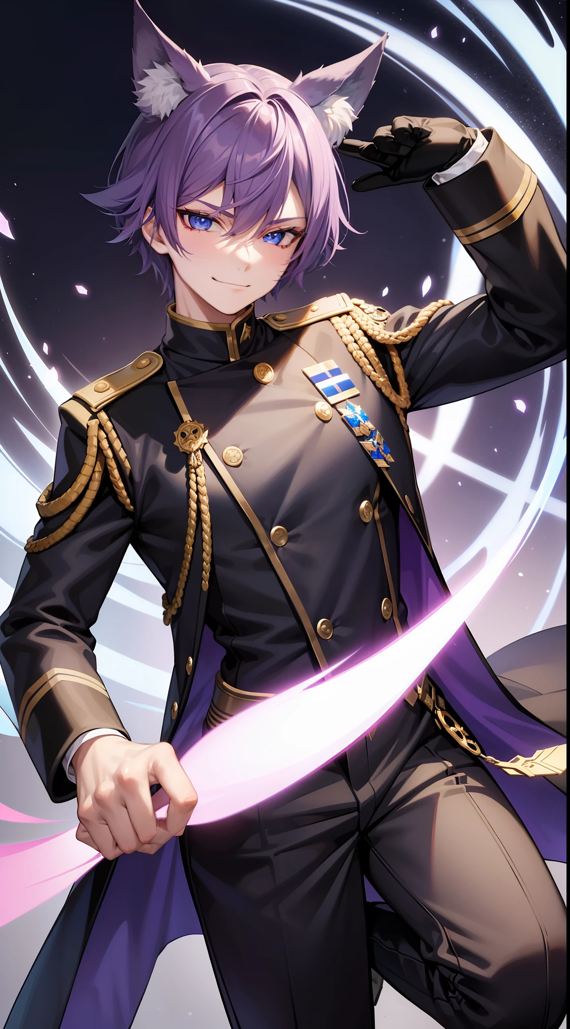 Young guy, short purple hair, blue eyes, wolf ears, dark officer's uniform, smirk, masterpiece, high quality
