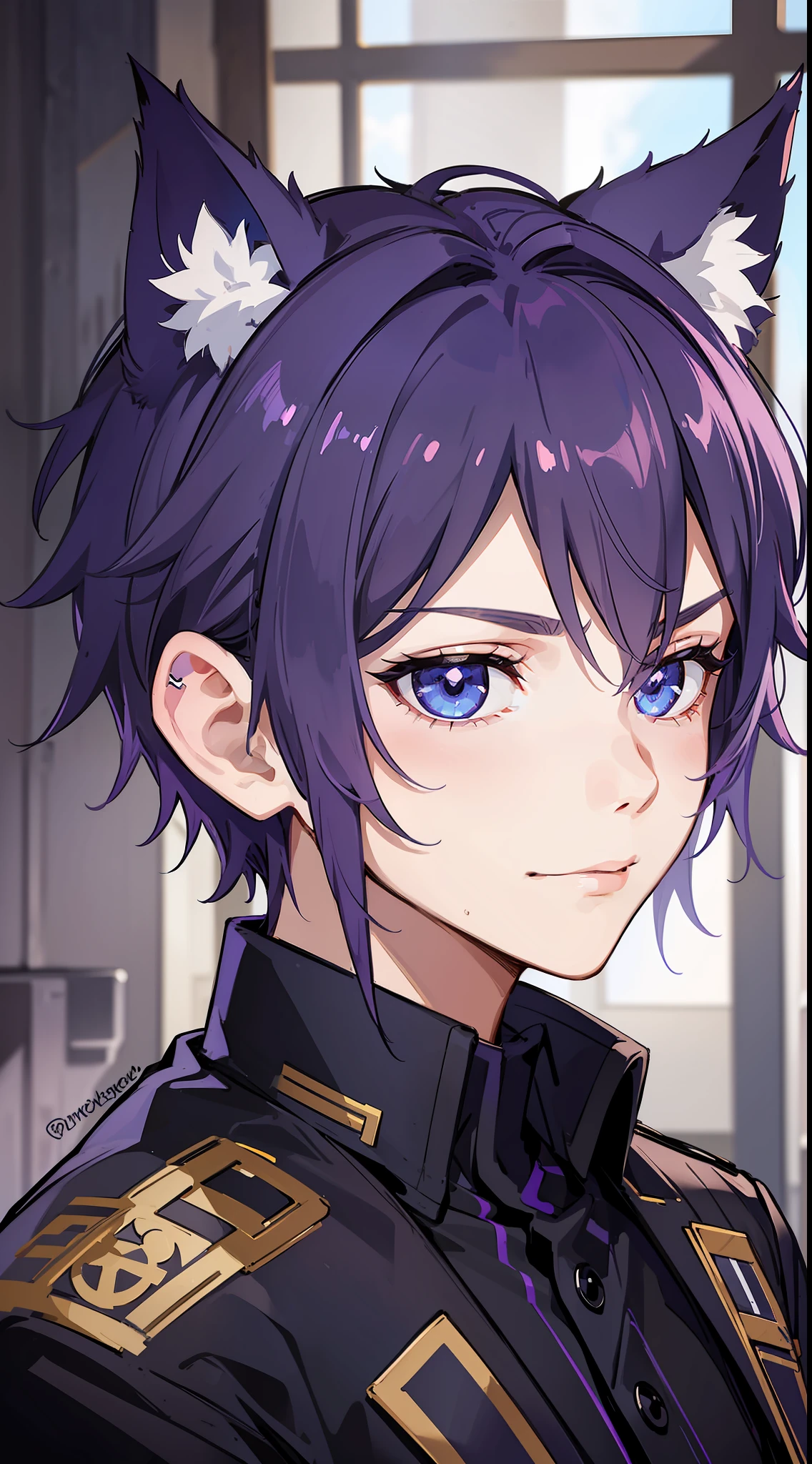 Young guy, short purple hair, blue eyes, wolf ears, dark officer's uniform, smirk, masterpiece, high quality