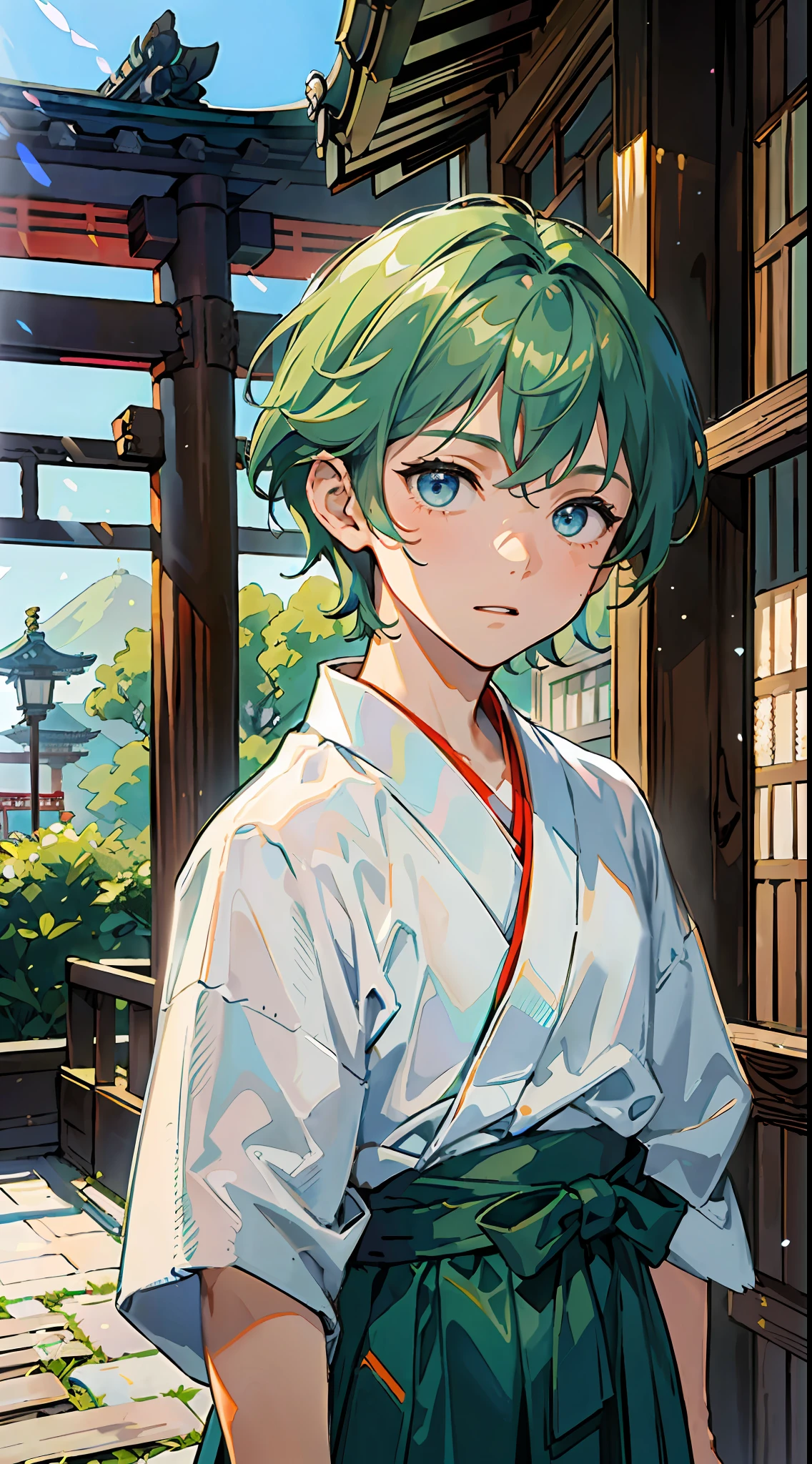 ((Masterpiece: 1.4, highest quality)), one boy, green and short hair and eyes, (white and light blue Hakama: 1.3), the background is a temple in Kyoto.