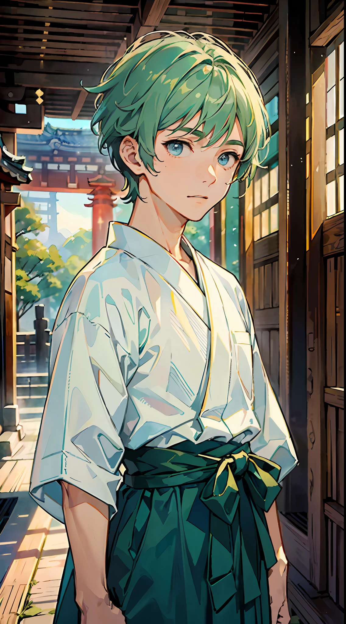 ((Masterpiece: 1.4, highest quality)), one boy, green and short hair and eyes, (white and light blue Hakama: 1.3), the background is a temple in Kyoto.