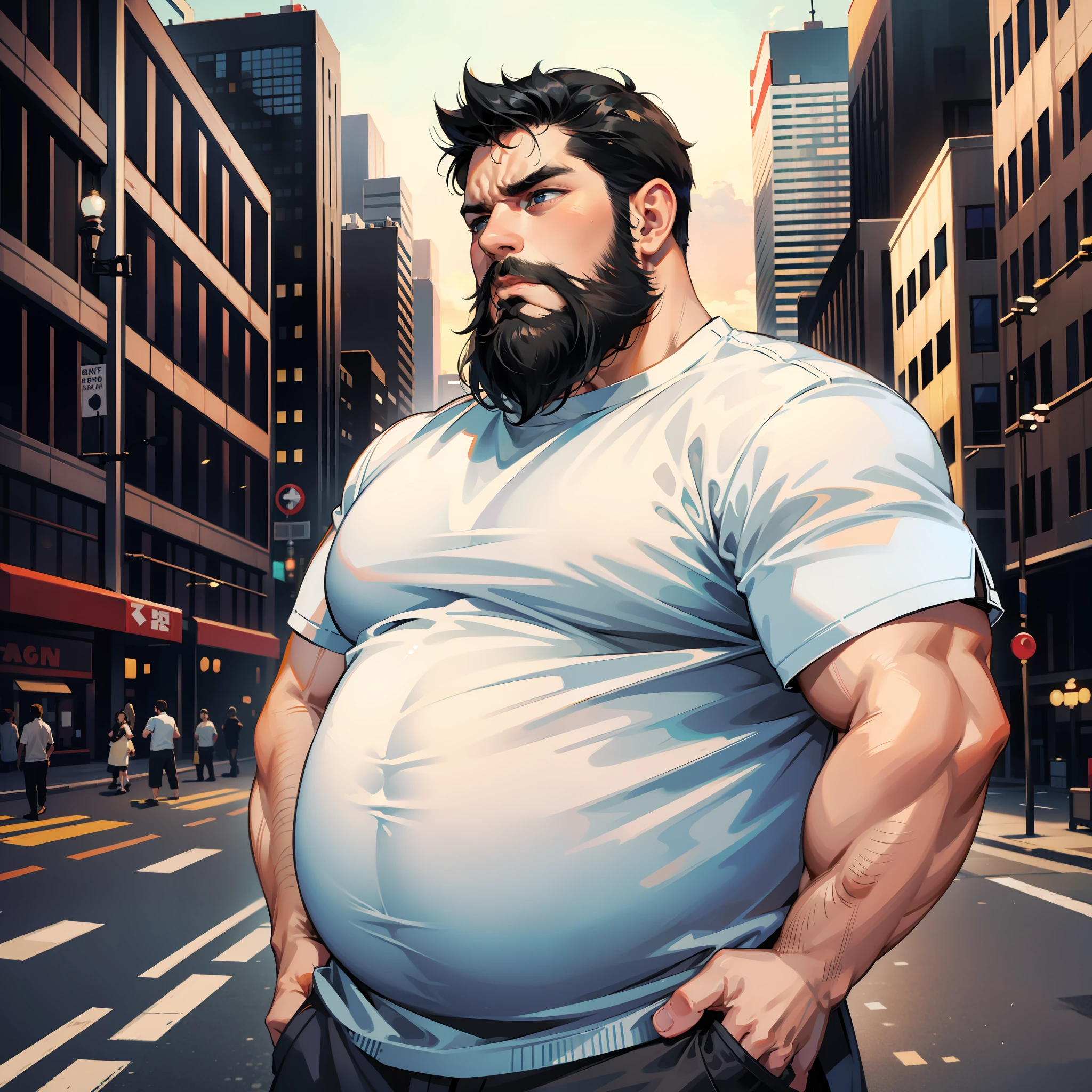 Male, greasy fat, round face, black hair, white short sleeves, full beard, angry expression, city background, short and fat,