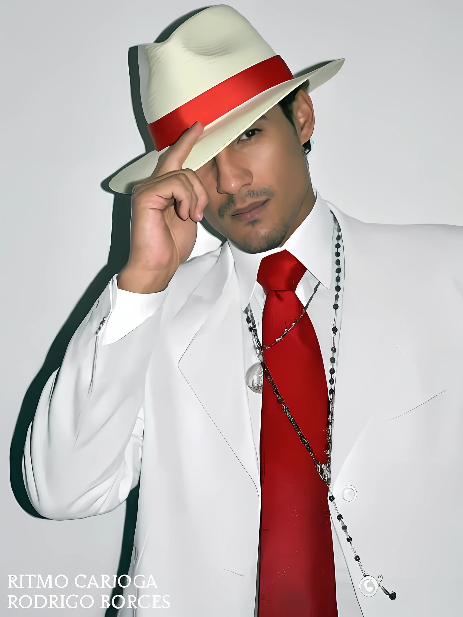 Man in white suit and red tie talking on cell phone, Eloy Morales, white suit and hat, Sakuga Gunplay, Andres Rios, Victor Maristane, taken in early 2020, Salustiano Garci, wearing white suit, elegant deity, looking cool and stylish