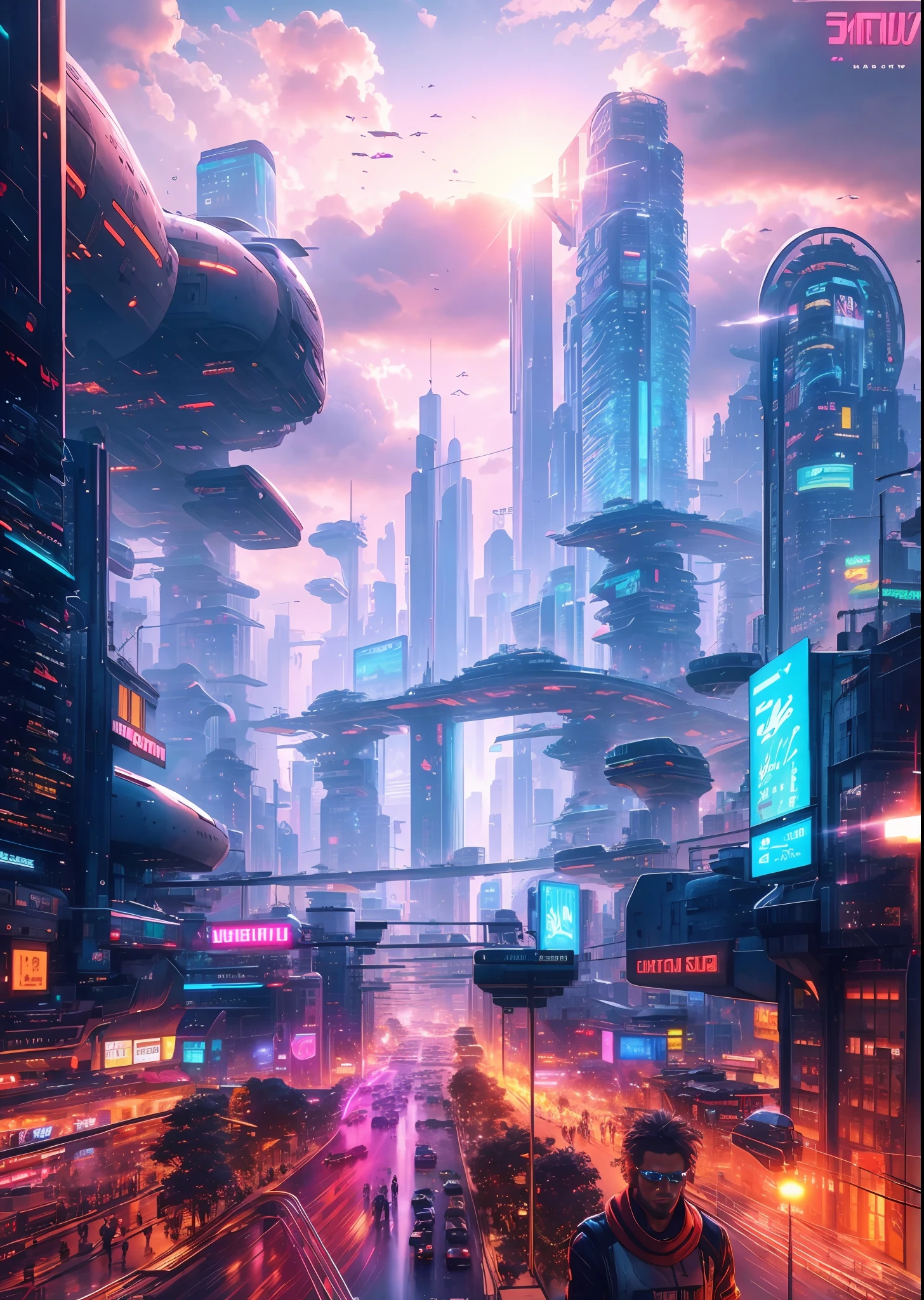 Mega city, giant city, people walking in city, bus, store, facade, neon sign, LCD billboards, flying cars, cyberpunk 2077, cyberwave, synthwave, lens flare, masterpiece, photo realistic, cinematic, intricate detail