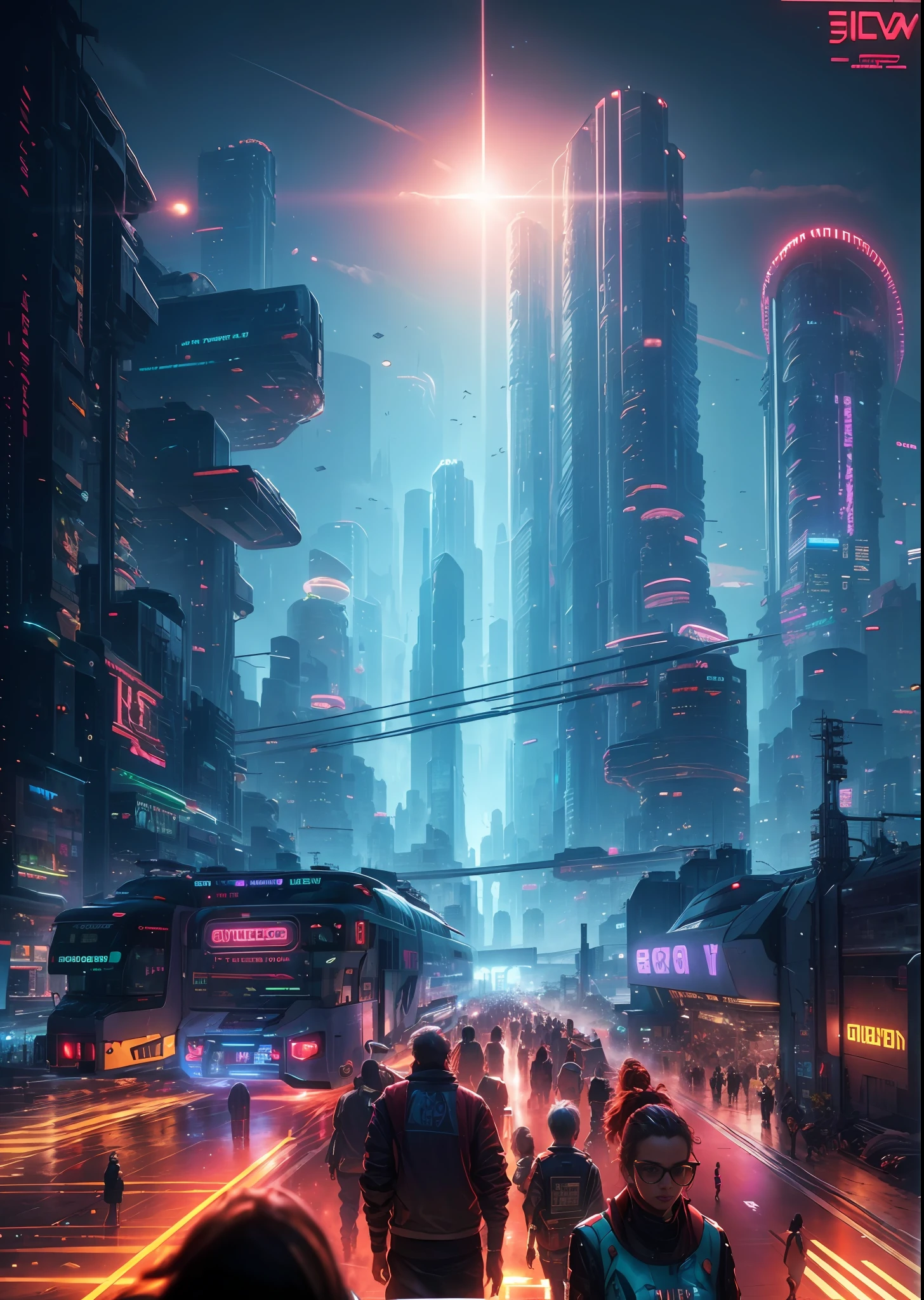 Mega city, giant city, people walking in city, bus, store, facade, neon sign, LCD billboards, flying cars, cyberpunk 2077, cyberwave, synthwave, lens flare, masterpiece, photo realistic, cinematic, intricate detail