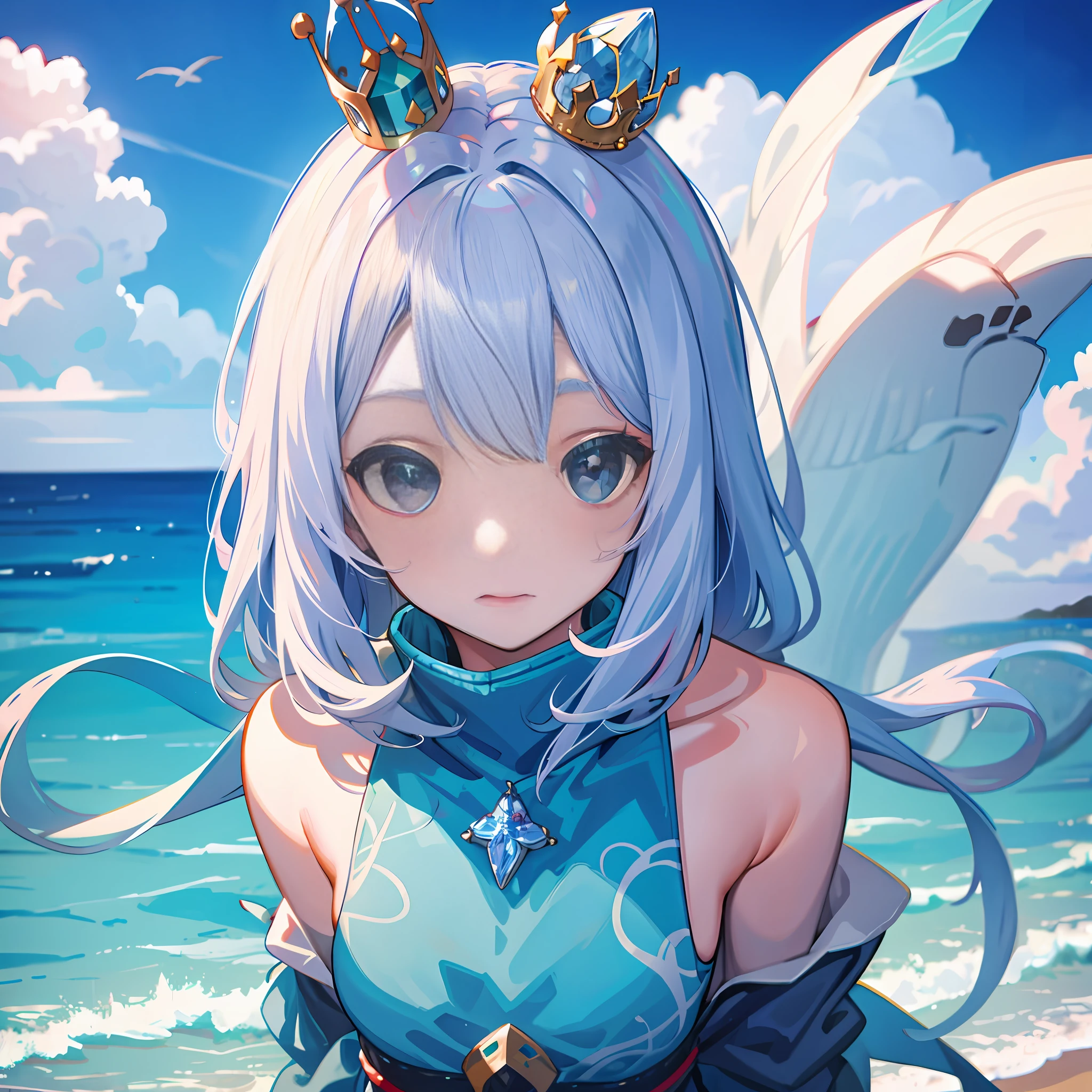 1 girl wearing crystal crown, whale, tail, ocean, mugshot, closeup