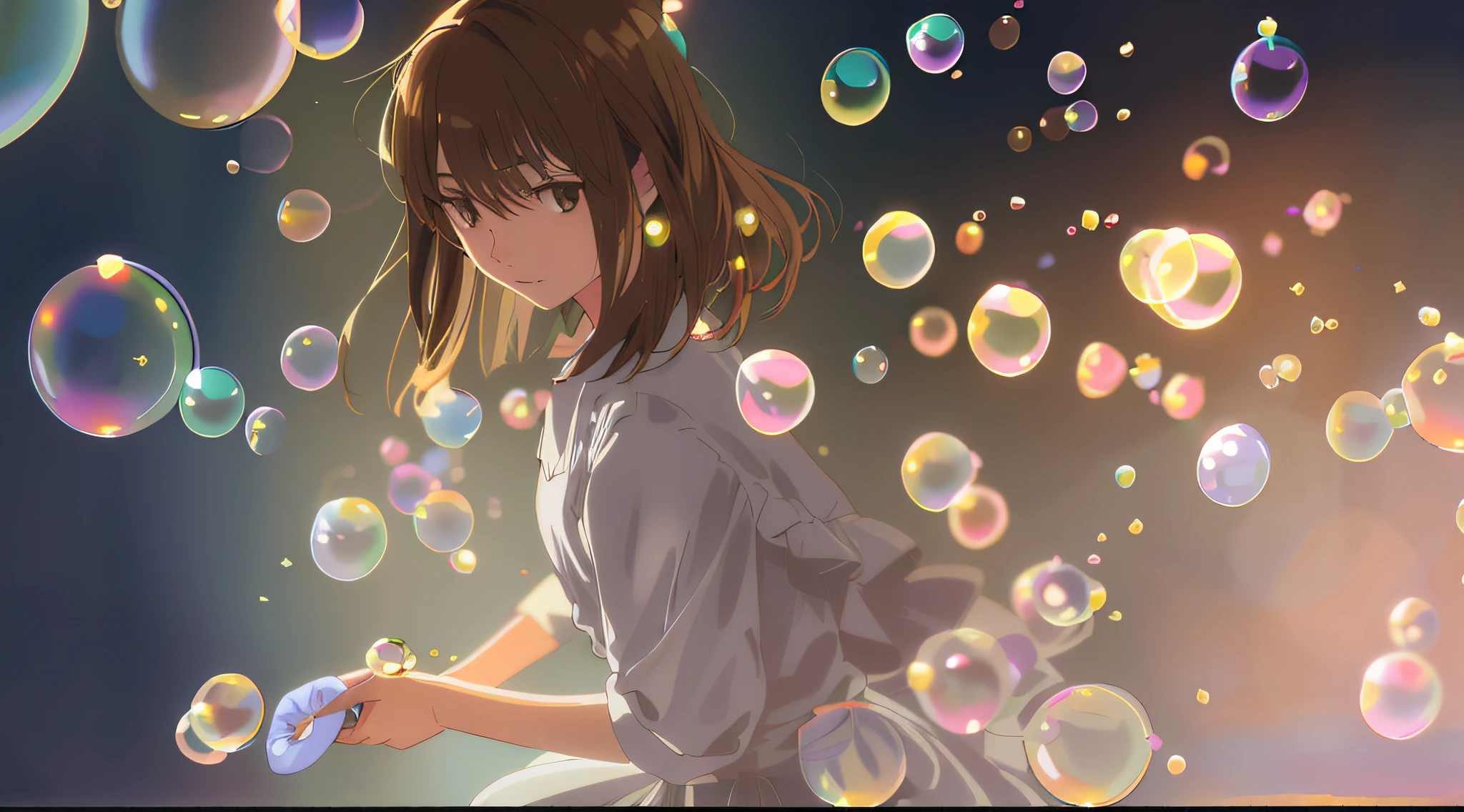 Detailed illustration in anime style, very cute young woman, solo, brown short hair, perfect round gray eyes, perfect fingertips, beautiful hands, holding nothing in hands, surrounded by a lot of perfect round little soap bubbles, very dark fantastic background, fantastic lighting, backlight, Makoto Shinkai anime style