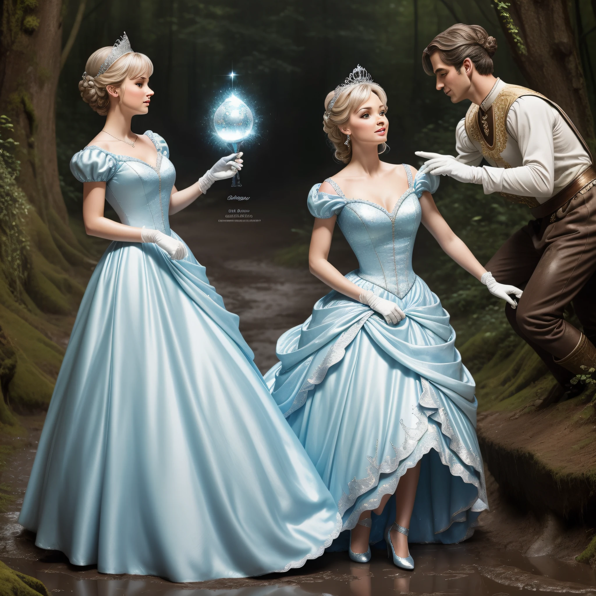 Cinderella eagerly complied with the fairy's instructions, putting on the beautiful silver ballgown, slipping on the delicate, long, white gloves and the shimmering silver stilettoss, and placing the sparkling tiara atop her immaculate updo. She also adorned herself with the beautiful jewelry that the fairy had provided. Once she was fully dressed, Cinderella took a deep breath and dove into the mud with abandon. She rolled around in the thick mud, feeling it squish and squelch against her skin.