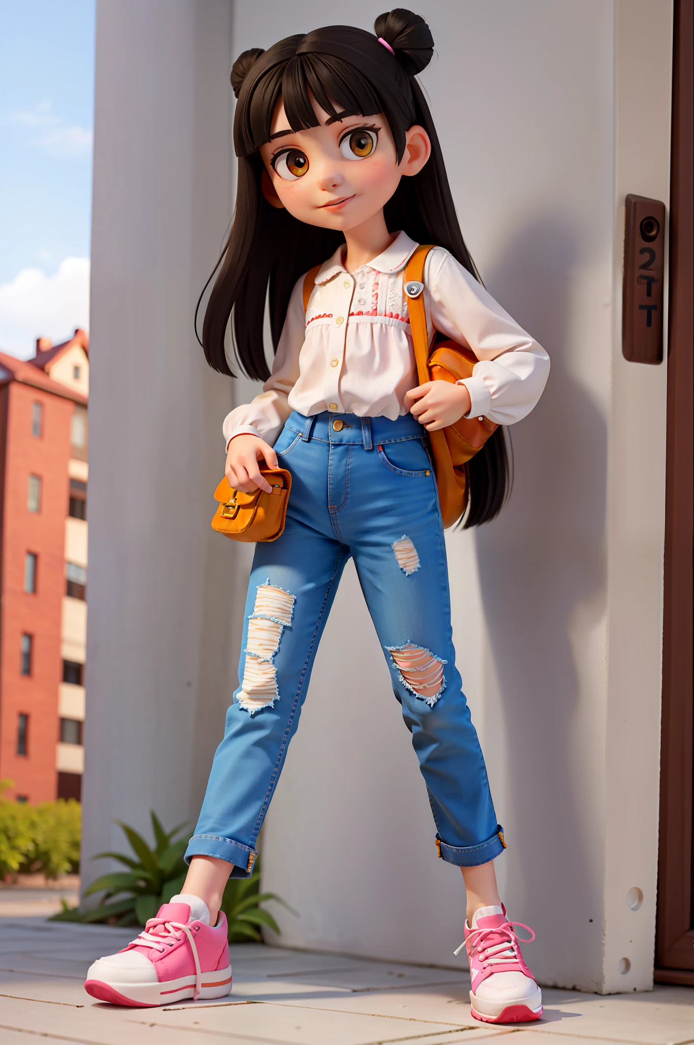 masterpiece, high quality best quality, 1girl, beautiful Sophie at 7  with straight black hair very long to the waist, Her face is sweet and expressive, with bright eyes. She wears a blouse with animal prints. New jeans. White sneakers with colored laces. He carries a small backpack with tiger footprints.