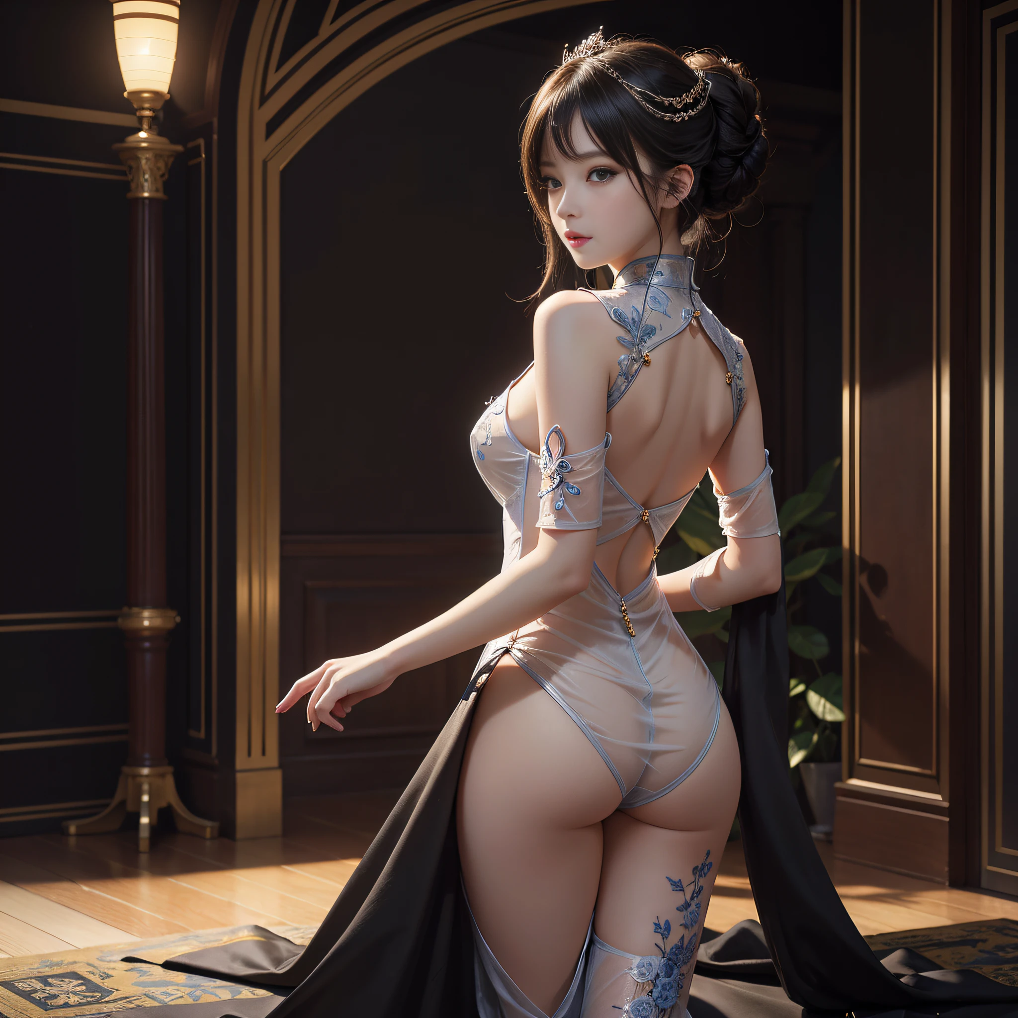 best quality,masterpiece,illustration,an extremely deciple and beautiful,extremely detailed,CG,unity,8k wallpaper,Amazing,finely detail,master,best quality,official art, extremely detailed CG unity 8k wallpaper,huge file size, super detailed, high resolution, very detailed, pretty detailed girl, very detailed eyes and face, beautiful detailed eyes,,(transparent cheongsam: 1.1), 1girl, full body, full body photo, huge breasts, sexy pose, revealing clothes. Transparent clothes, buttocks, back photos