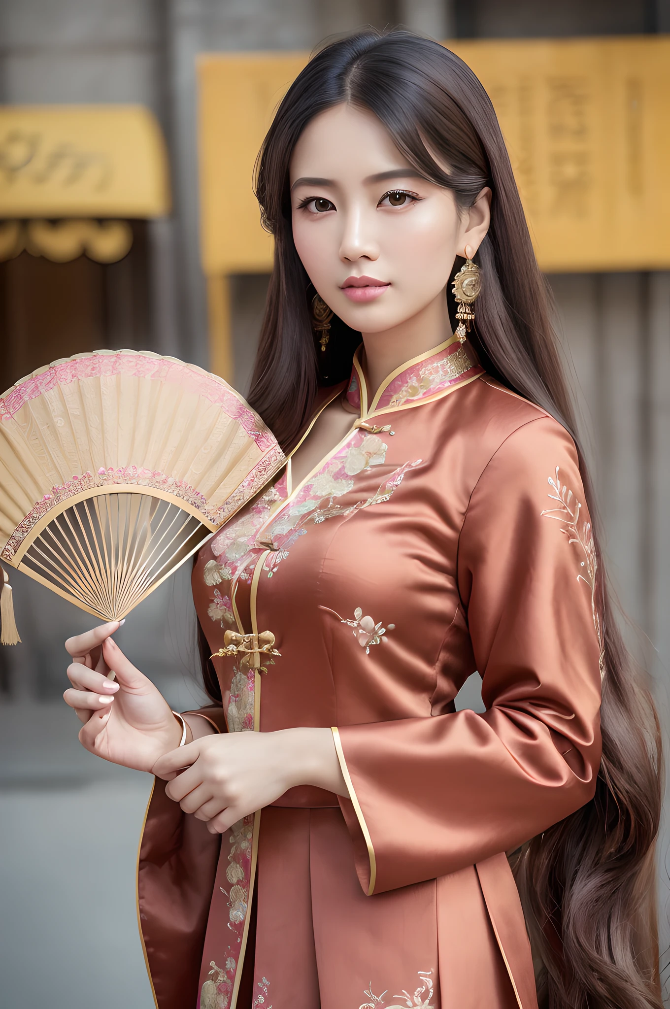 (masterpiece), (portrait), (aesthetic), (beautiful), (upper blody), (high quality), (aesthetic clothings), (professional angle), (rule of thirds), (Feminine), (woman), (female), (beautiful),(feminine features), (25 years), solo, 1 woman, (attractive Chinese), Spring, Soft light, (Standing), Glamorous Makeup, (Large bust), ((holding a Chinese Fan)), (Front face), (Confident expression), ((Bold, Elegant)), Tassel Earrings, ((Long hair)), (Brown hair), (Wavy hair), (Thick hair), Natural shine hair, (Hairpin in hair), (Brown eyes), (Sophisticated look), (Fair skin), (Embroidered clothing), (Qipao), (Jacket), (Skirt), Mandarin Collar neckline), ((Urban background)), (- in background), (Medium Shot shot), beautiful hands, two hands, normal hands, two arms, complete hands, beautiful body, beautiful fingers, normal fingers, five fingers, five fingers, (Thumb index meddle ring little fingers), beautiful ears, normal ears, beautiful eyes, shiny eyes, beautiful mouth, beautiful lips,